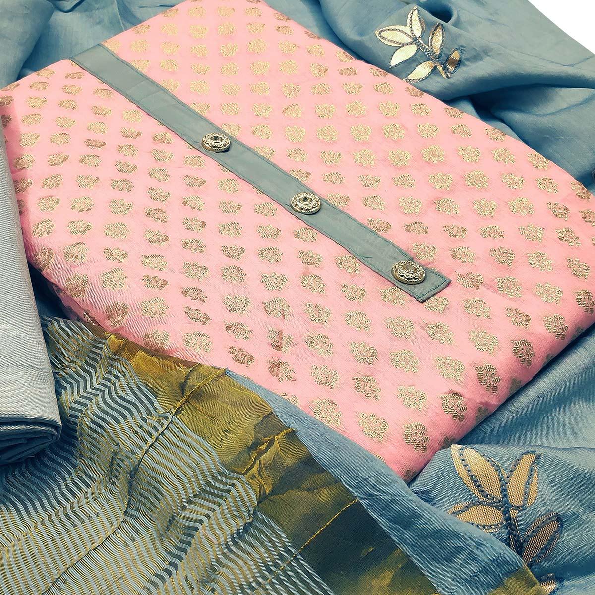 Unique Peach Colored Festive Wear Woven Heavy Banarasi Silk Dress Material - Peachmode