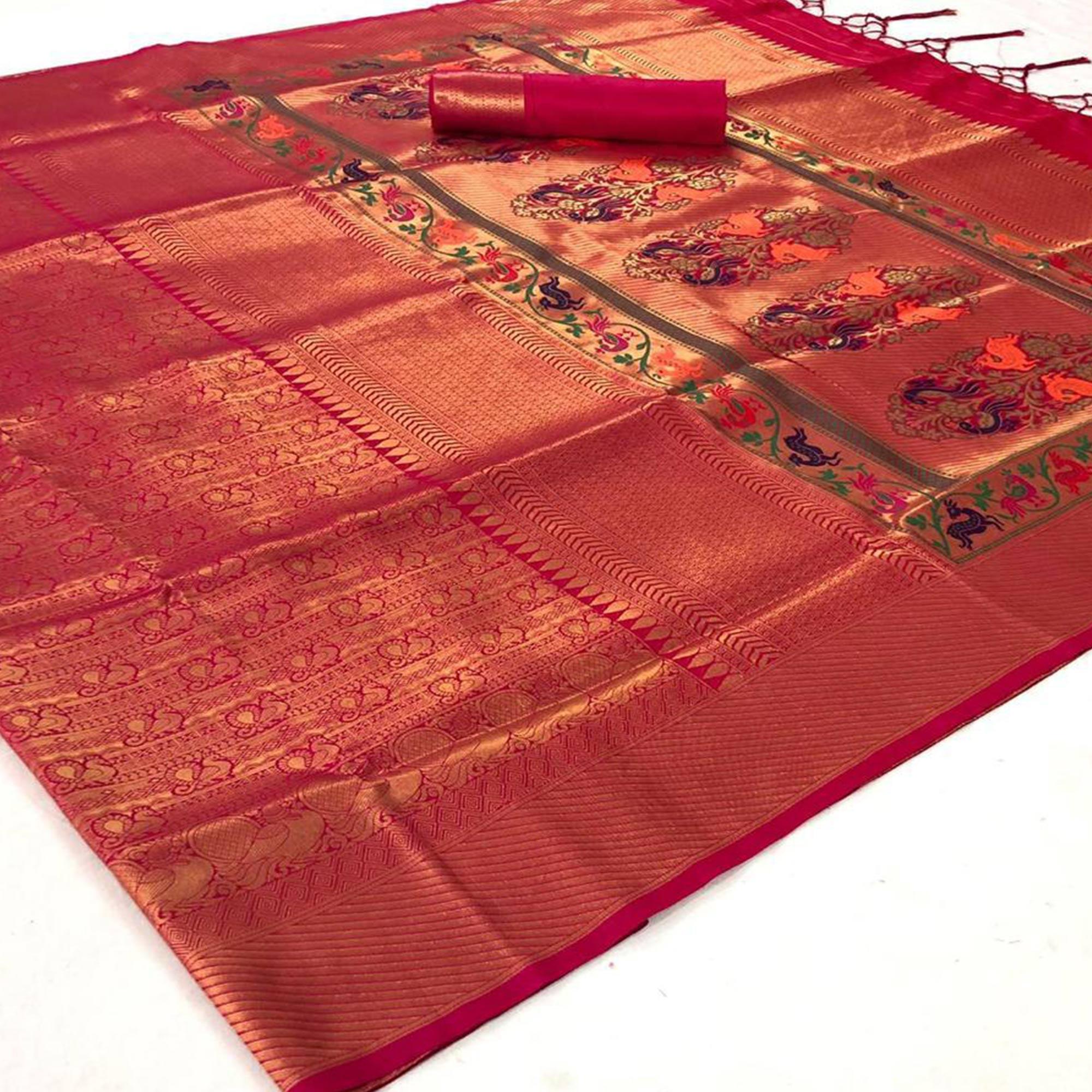 Unique Peach Colored Festive Wear Woven Pure Soft Silk Saree - Peachmode