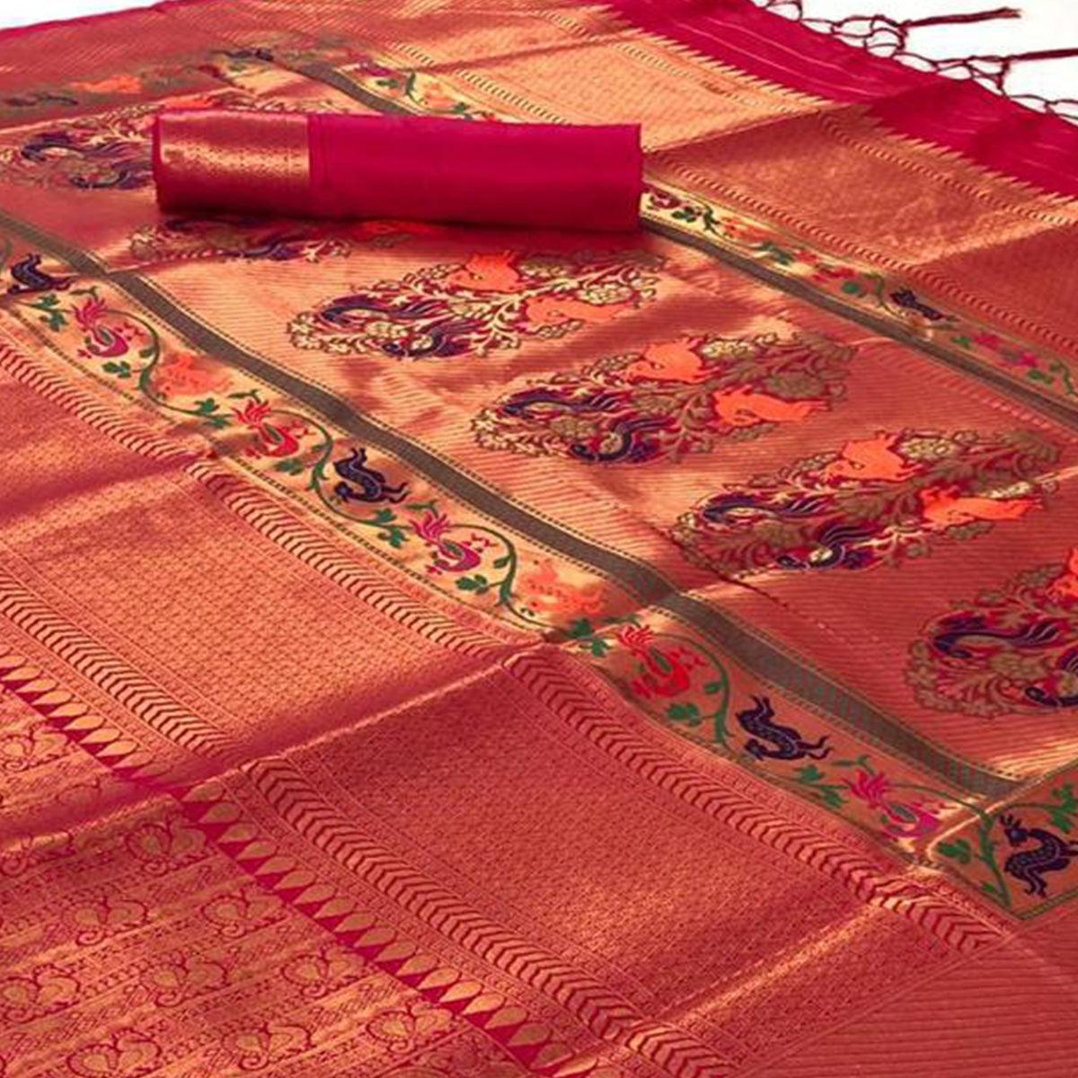 Unique Peach Colored Festive Wear Woven Pure Soft Silk Saree - Peachmode