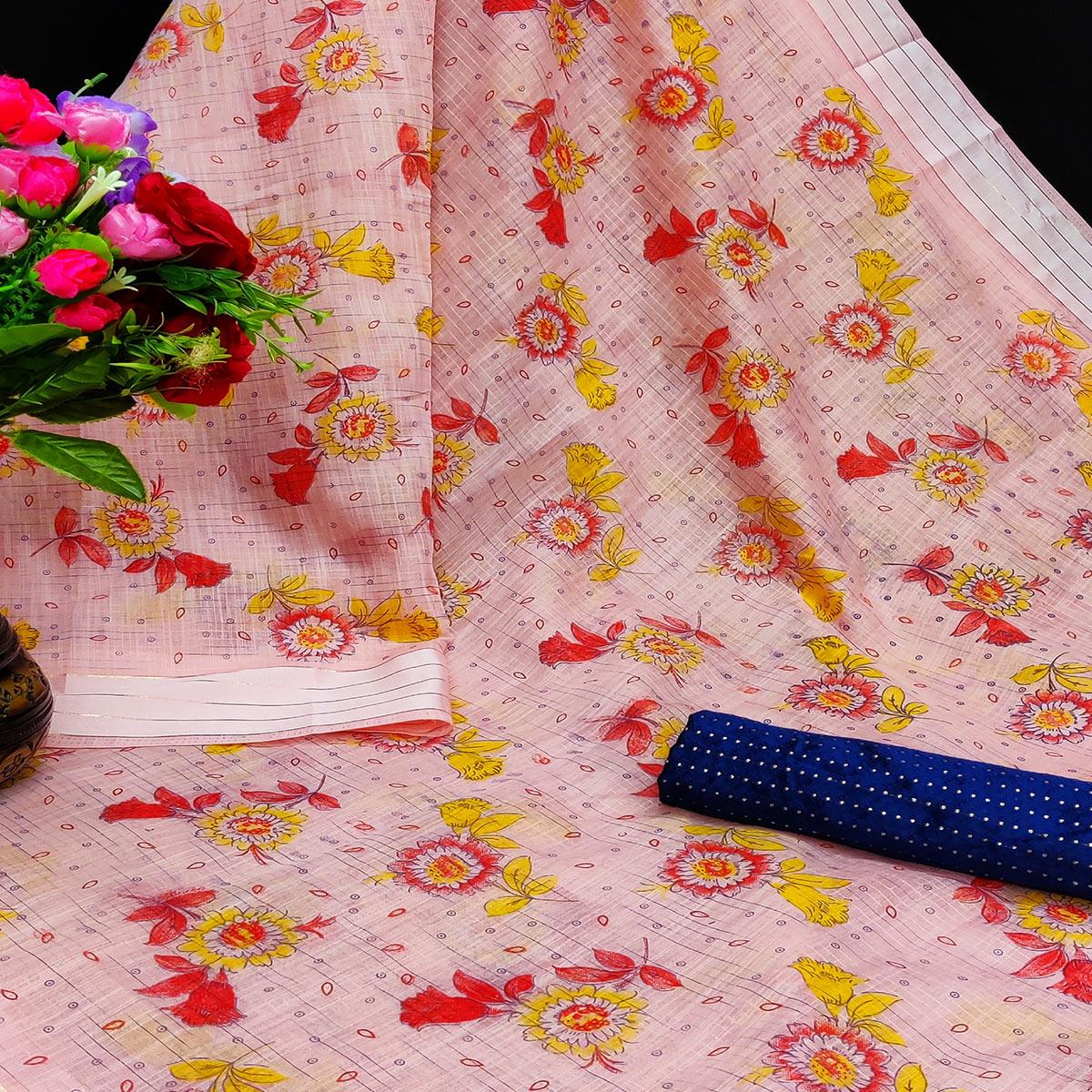 Unique Peach Coloured Floral Print Casual Wear Striped Pattern Cotton Saree - Peachmode