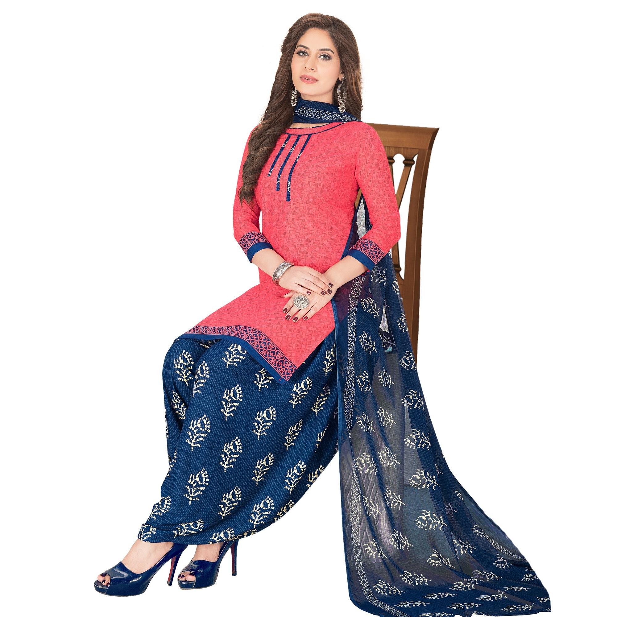 Unique Pink Colored Casual Wear Printed Crepe Patiala Dress Material - Peachmode