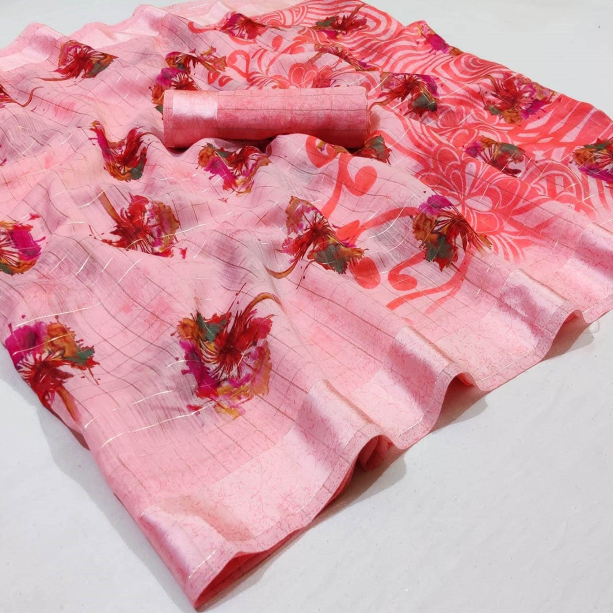 Unique Pink Colored Casual Wear Printed Linen Saree - Peachmode