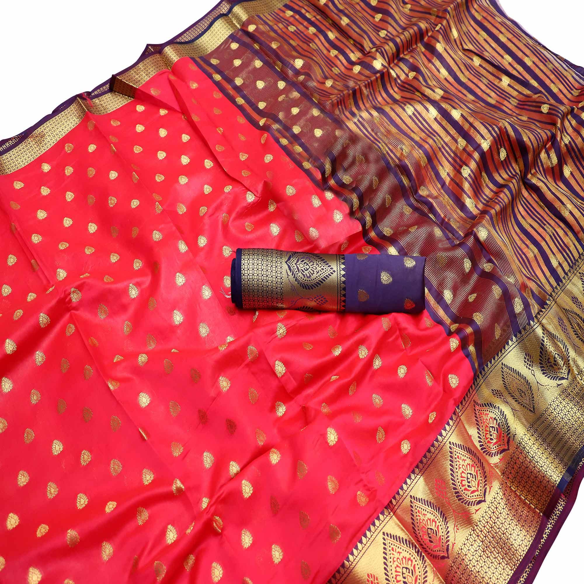 Unique Pink Colored Festive Wear Woven Litchi Kota Silk Saree - Peachmode