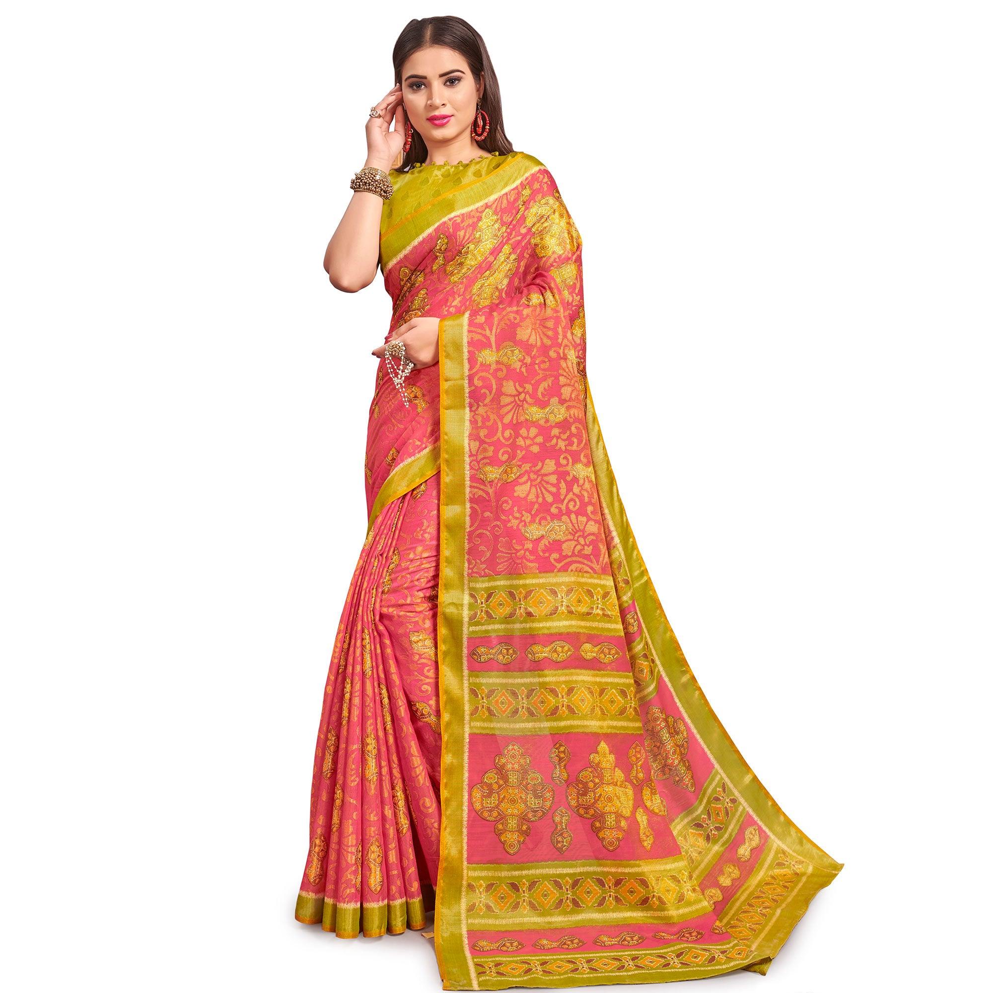 Unique Pink Colored Festive Wear Woven Two Tone Brasso Saree - Peachmode