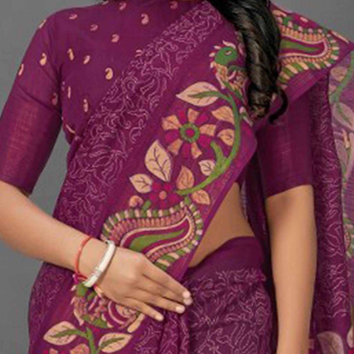 Unique Purple Colored Casual Wear Printed Cotton Saree - Peachmode