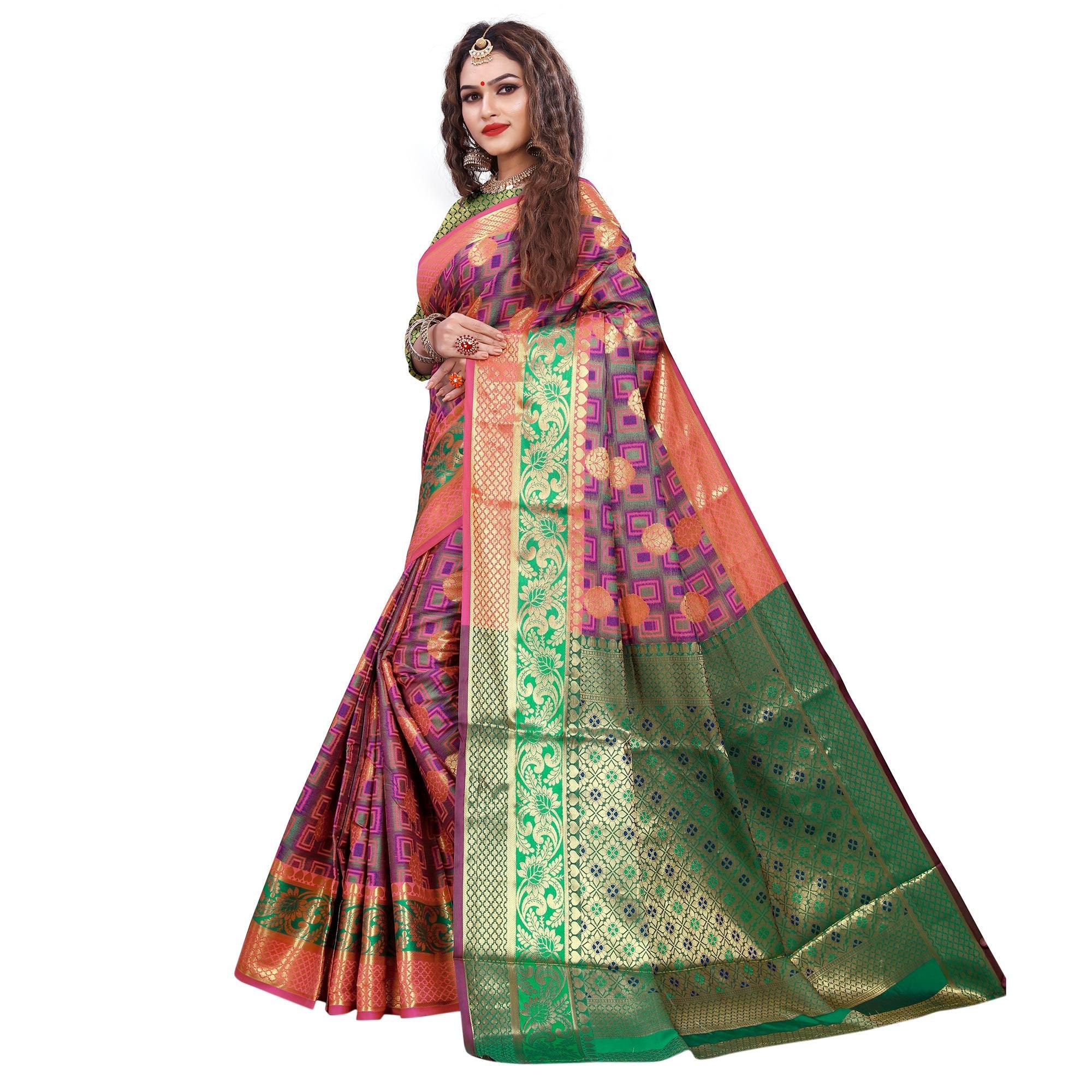 Unique Purple-Green Colored Festive Wear Woven Cotton Silk Jacquard Saree - Peachmode