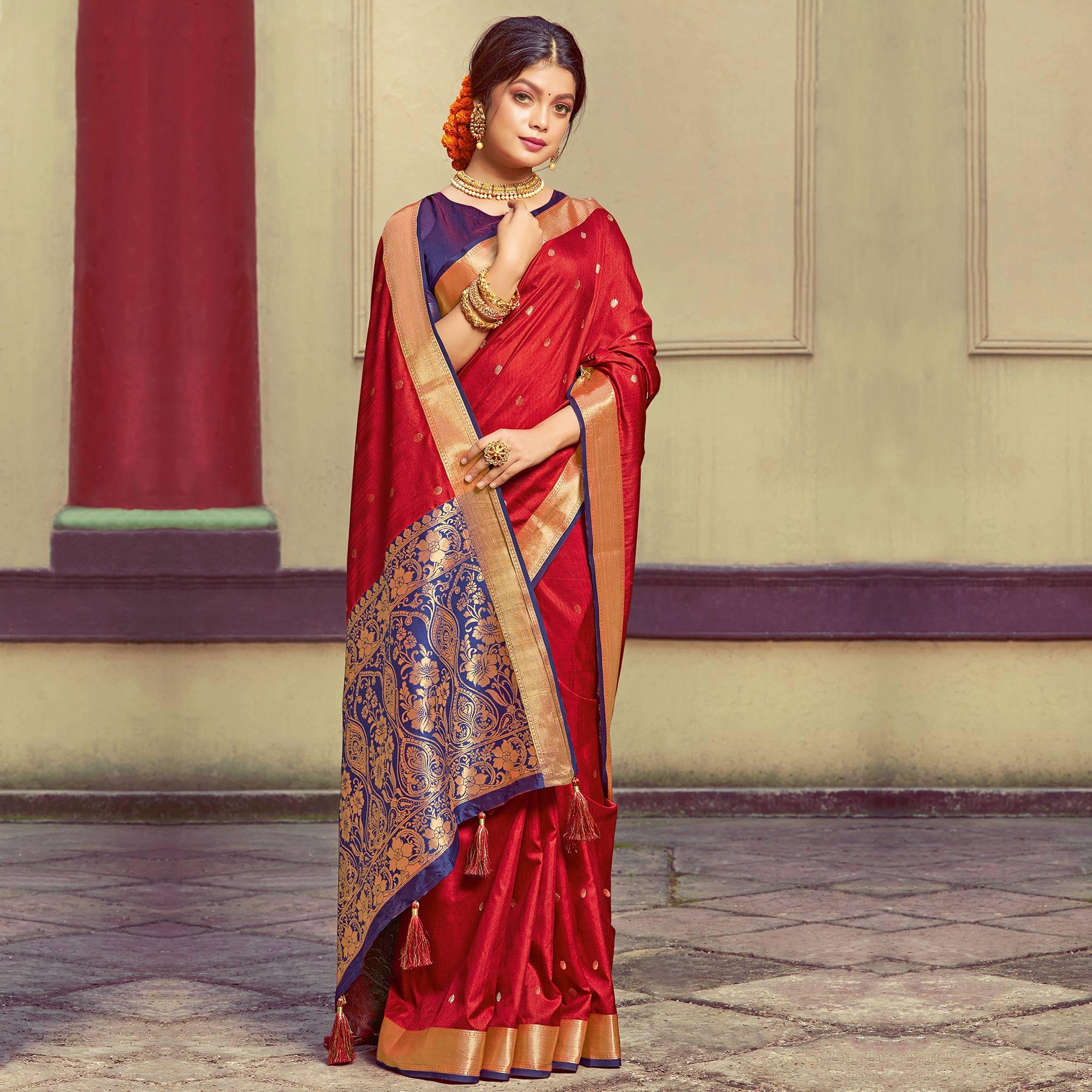 Unique Red Colored Festive Wear Woven Handloom Silk Saree With Tassels - Peachmode