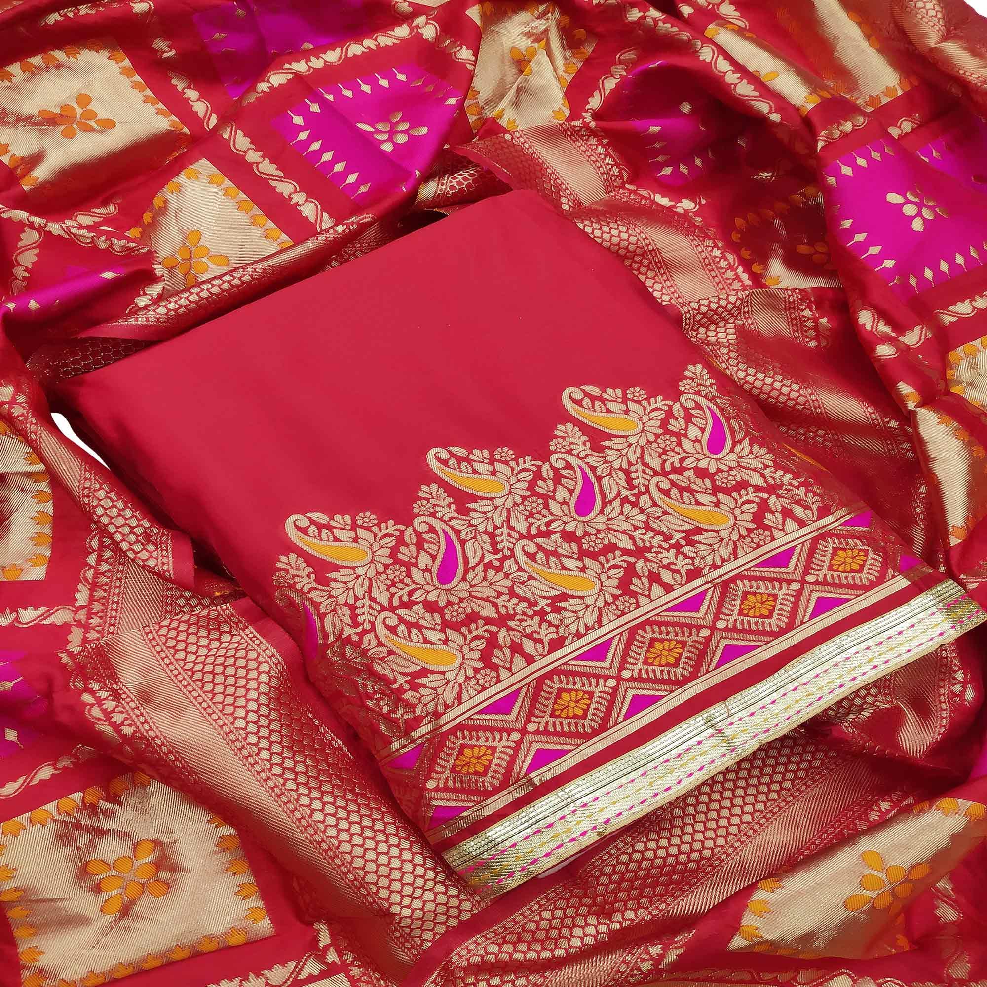 Unique Red Colored Festive Wear Woven Heavy Banarasi Silk Dress Material - Peachmode