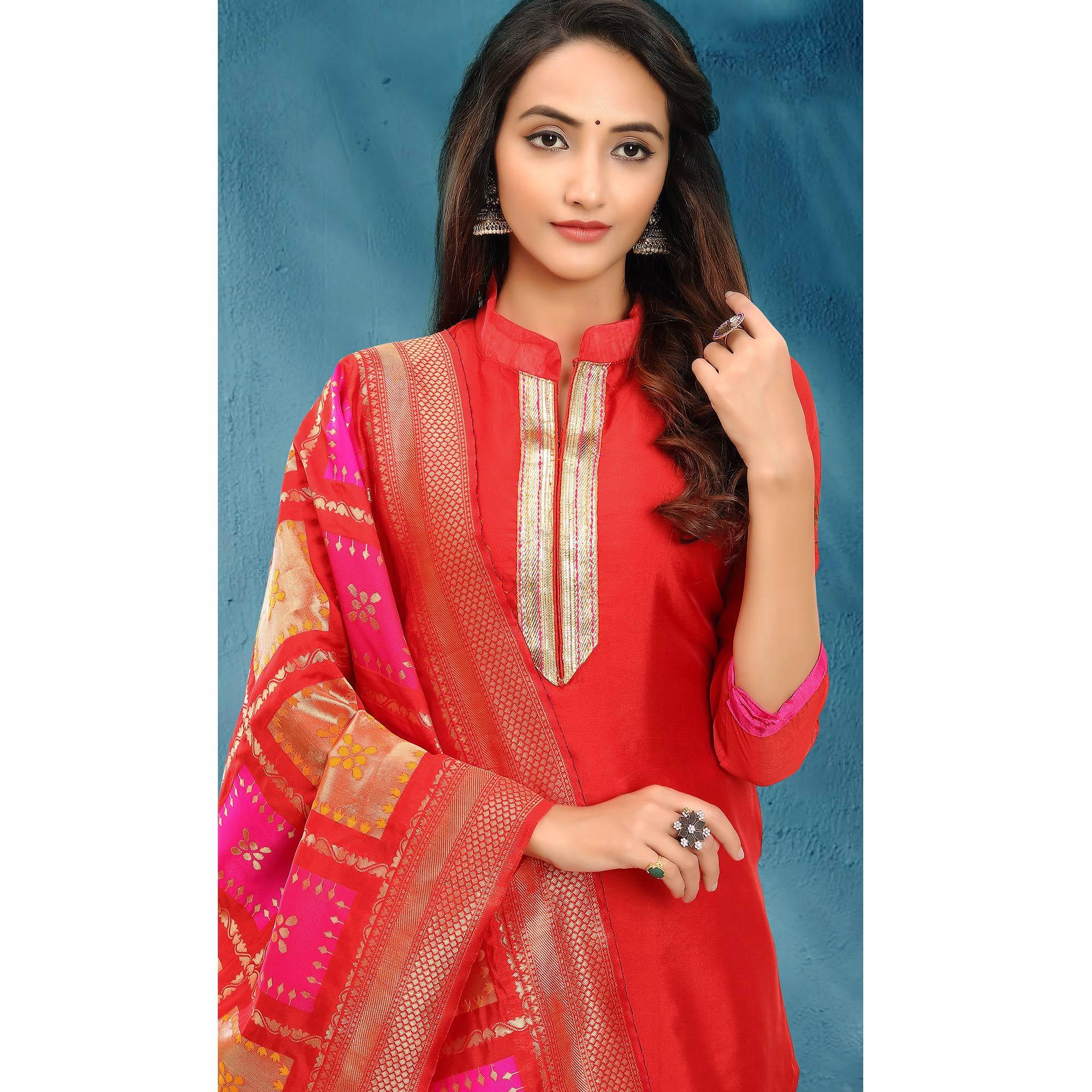 Unique Red Colored Festive Wear Woven Heavy Banarasi Silk Dress Material - Peachmode