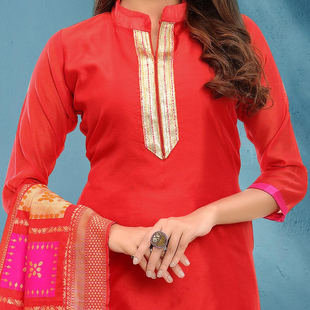 Unique Red Colored Festive Wear Woven Heavy Banarasi Silk Dress Material - Peachmode