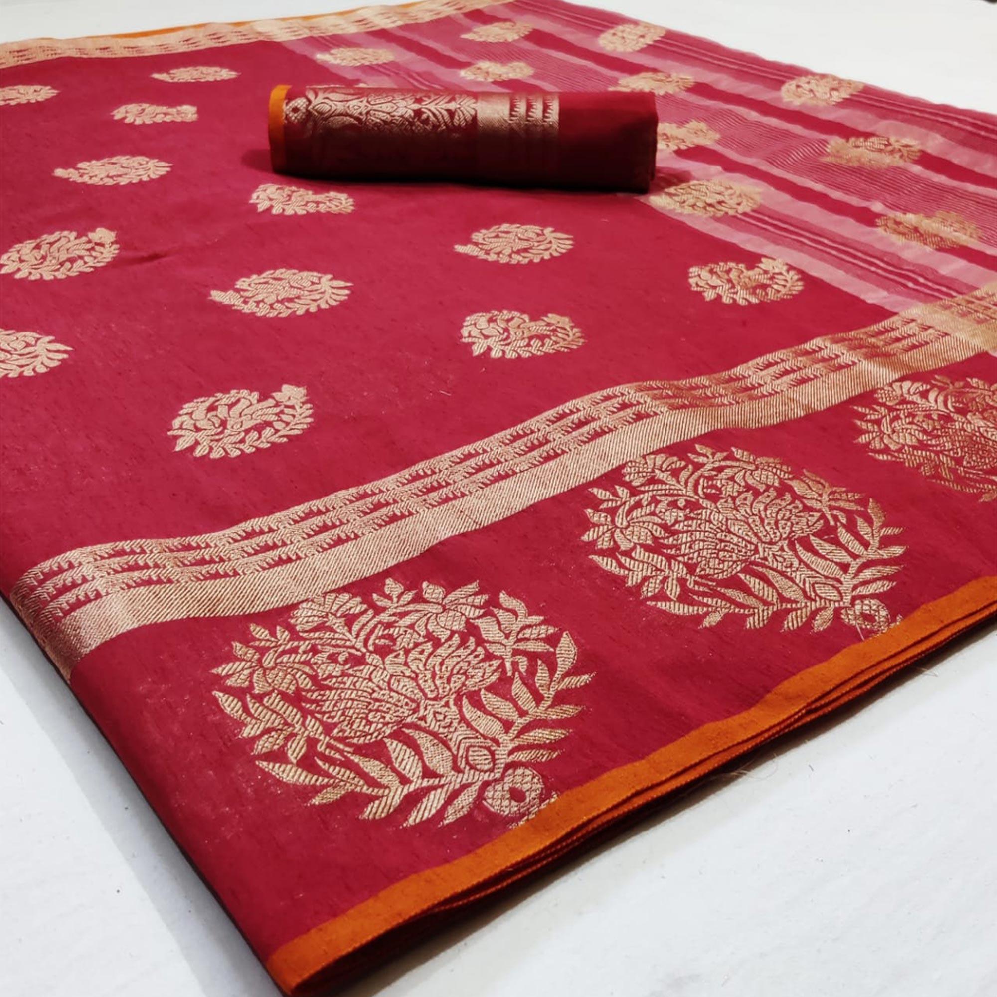 Unique Red Colored Festive Wear Woven Linen Saree - Peachmode