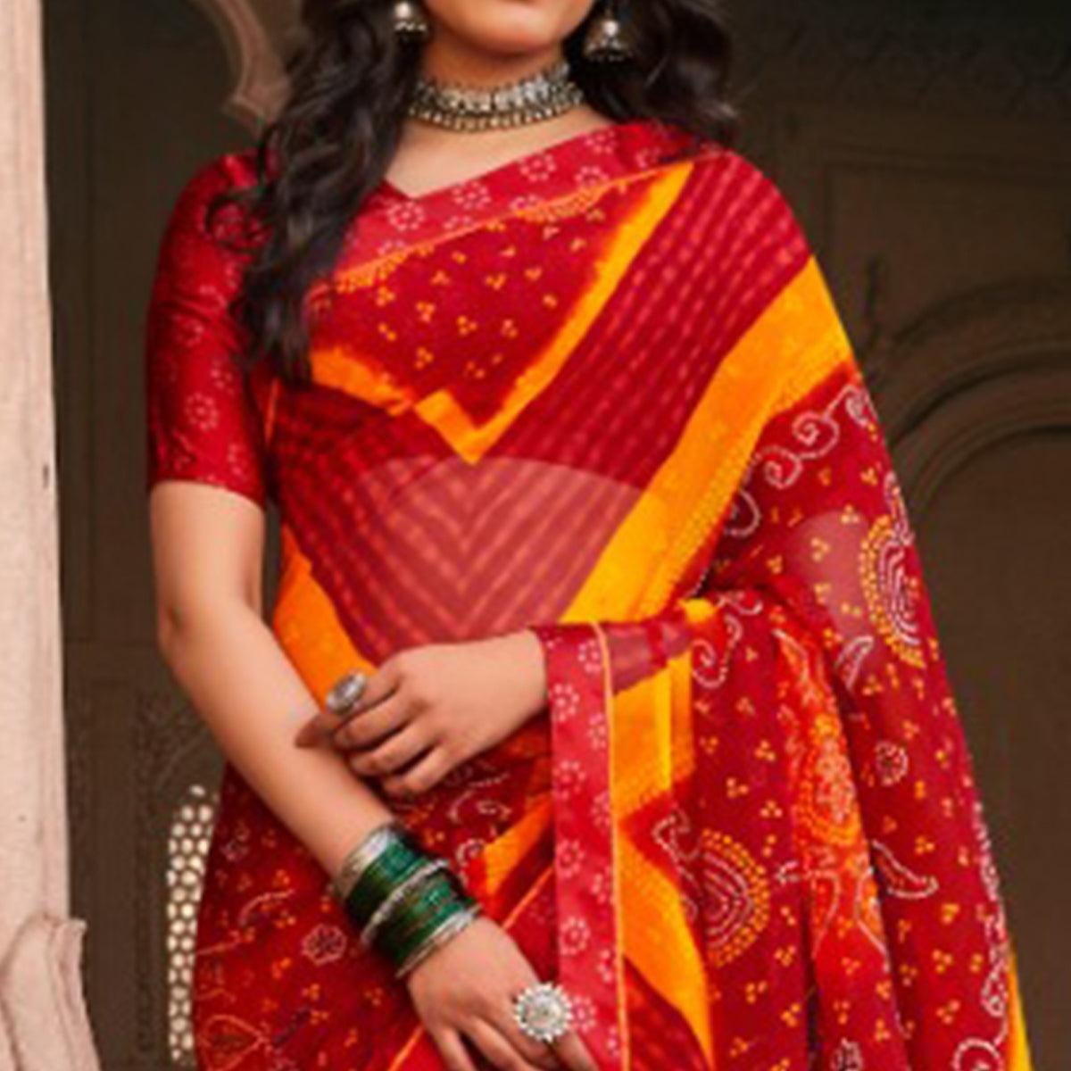 Unique Red Coloured Casual Wear Printed Georgette Saree - Peachmode