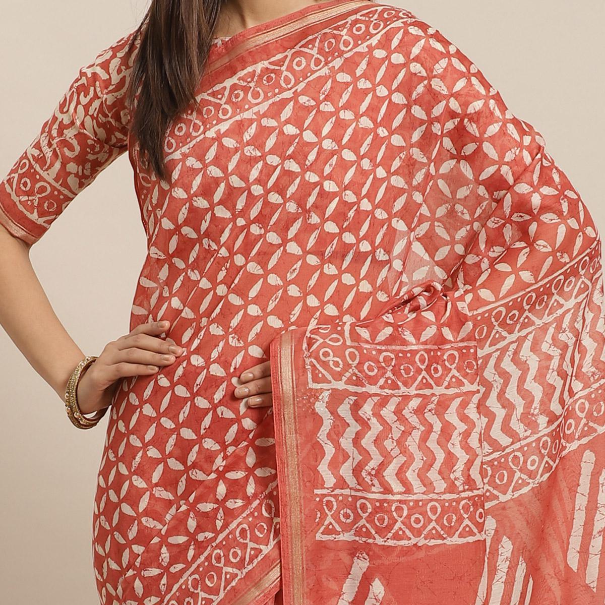 Unique Rust Colored Casual Wear Printed Silk Blend Saree - Peachmode