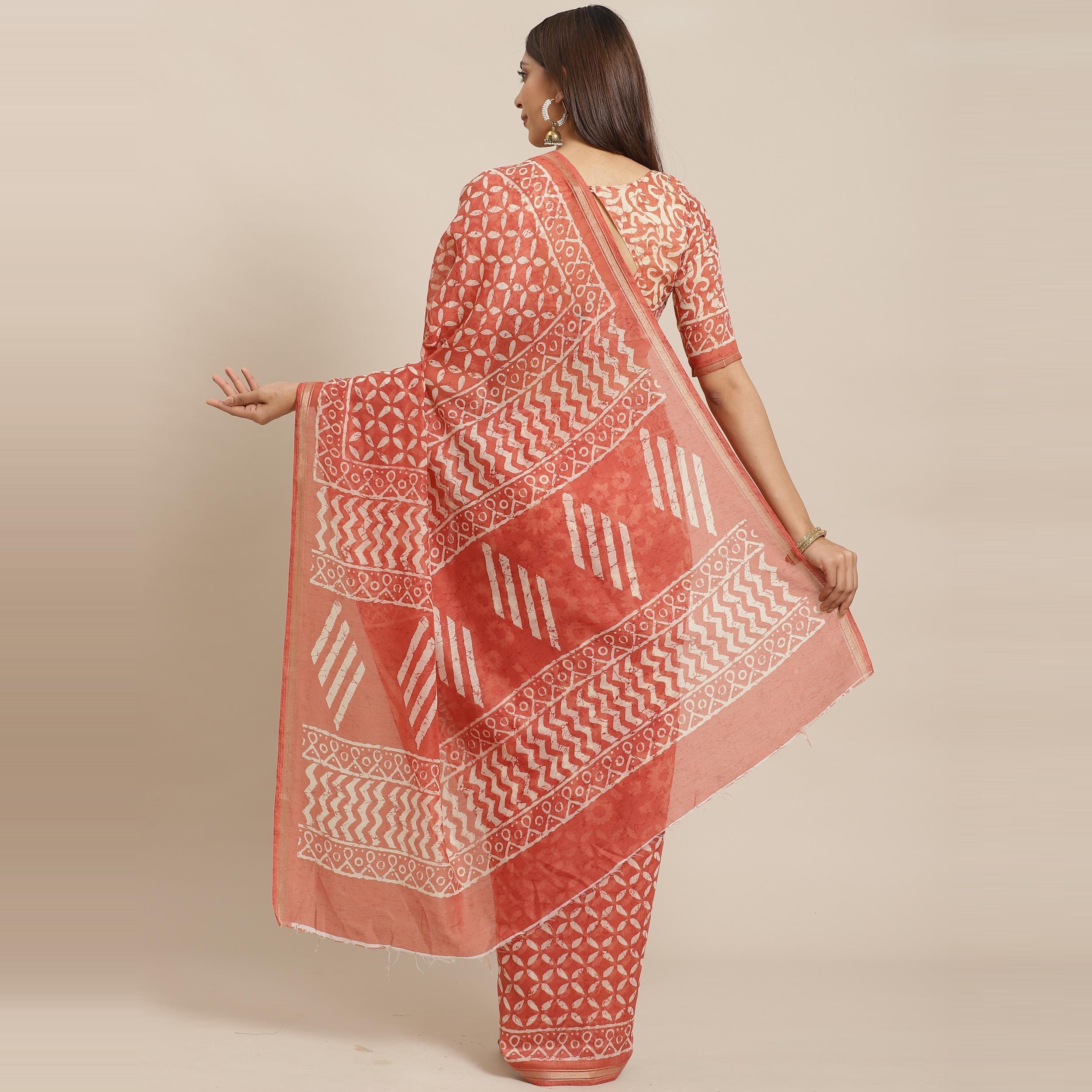 Unique Rust Colored Casual Wear Printed Silk Blend Saree - Peachmode