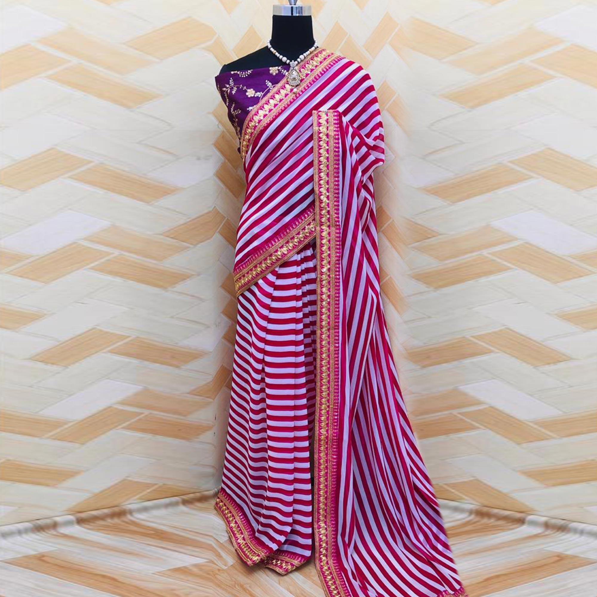 Unique White - Red Colored Partywear Stripes Printed Georgette Saree - Peachmode