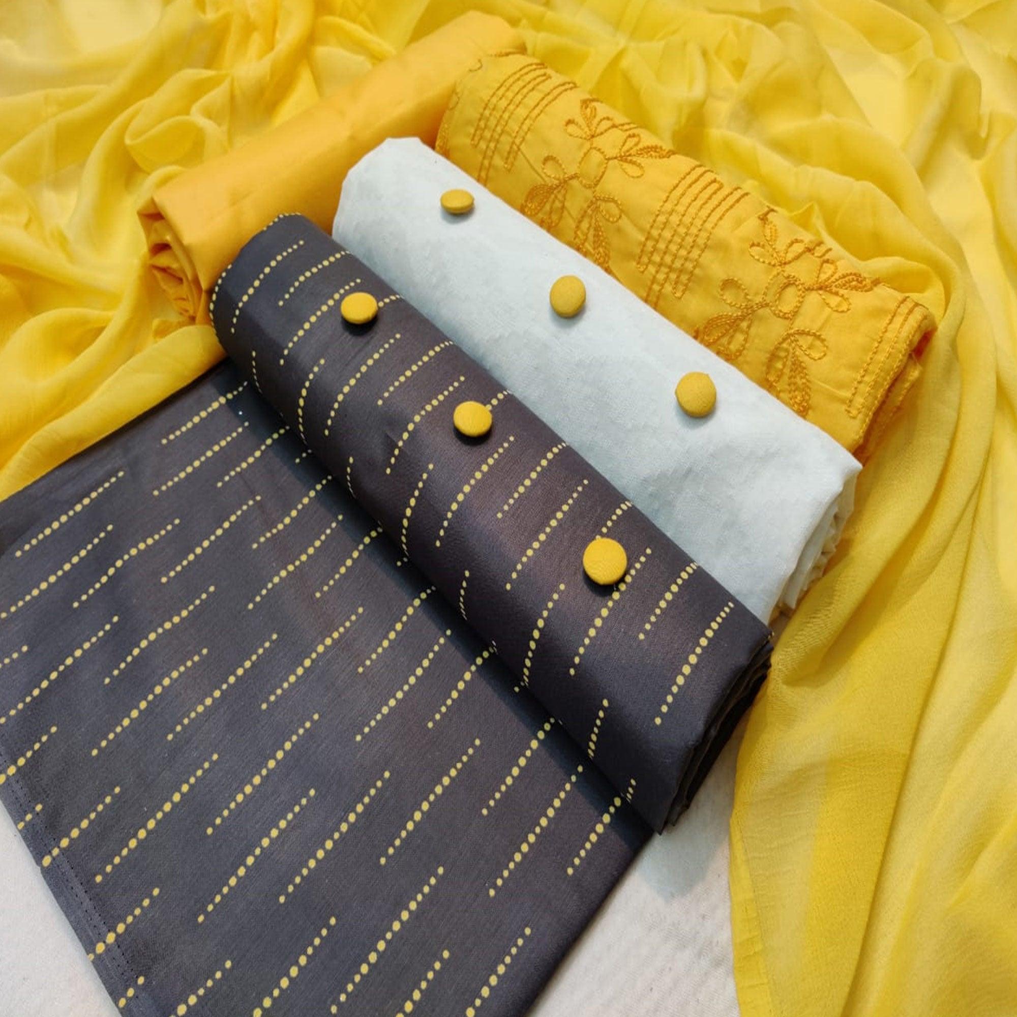 Unique Yellow - Black - White Colored Casual Wear Embroidered Tripel Top Cotton Dress Material - Peachmode