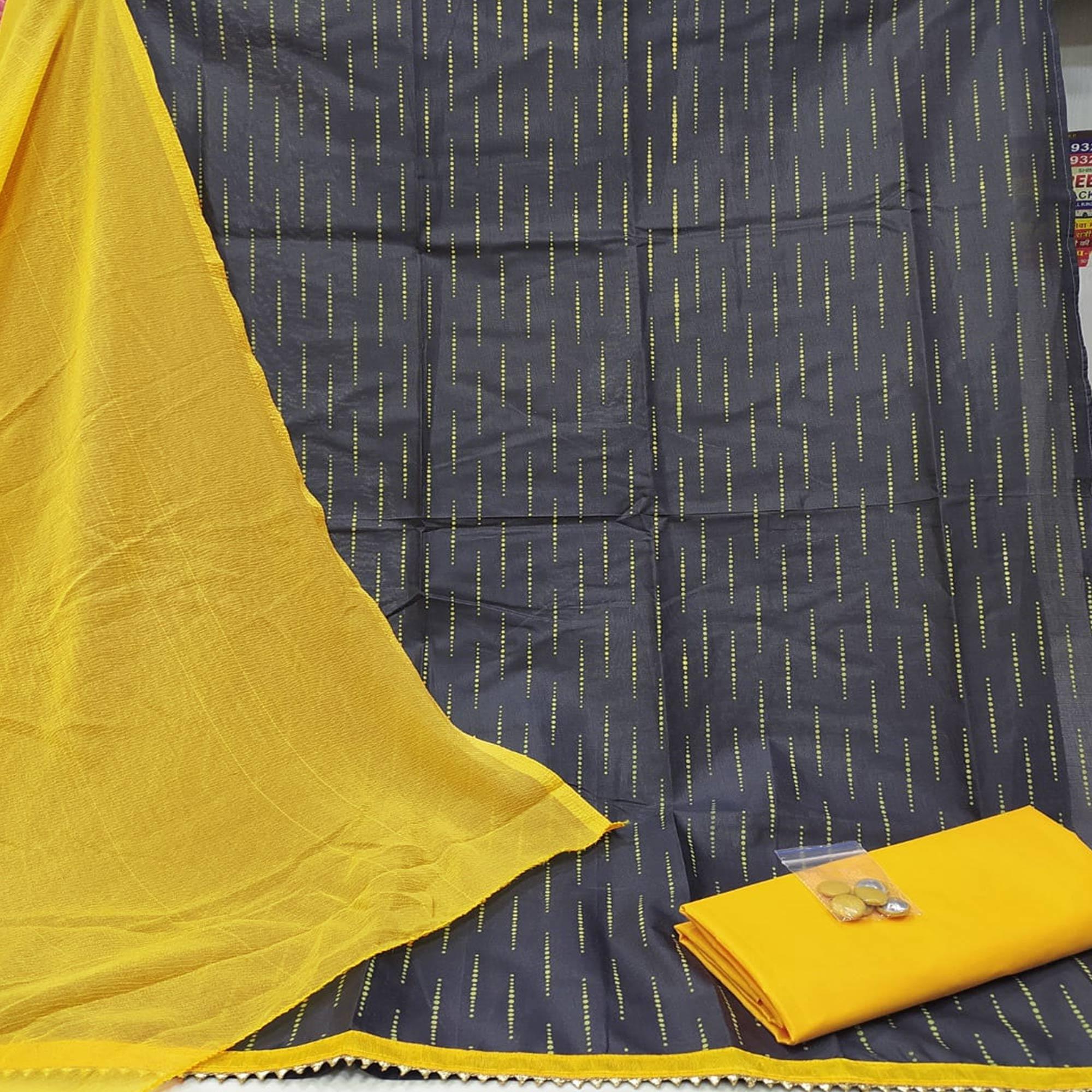 Unique Yellow - Black - White Colored Casual Wear Embroidered Tripel Top Cotton Dress Material - Peachmode