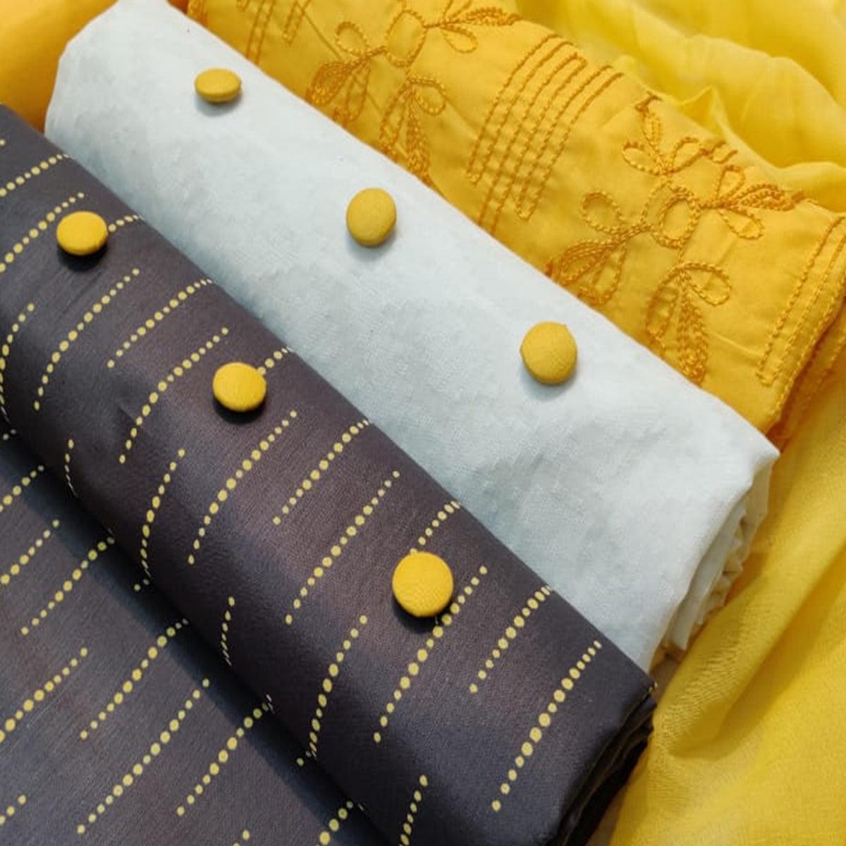 Unique Yellow - Black - White Colored Casual Wear Embroidered Tripel Top Cotton Dress Material - Peachmode