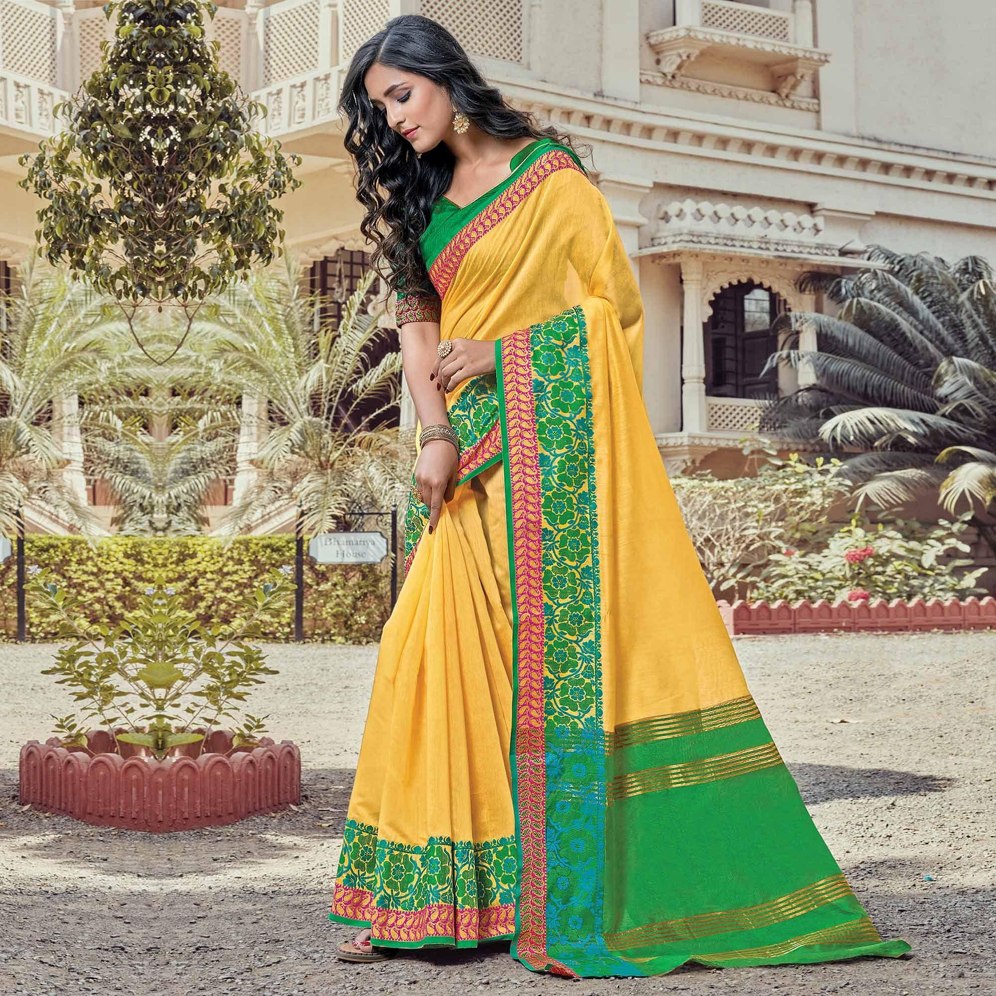 Unique Yellow Coloured Casual Wear Woven Cotton Handloom Saree - Peachmode