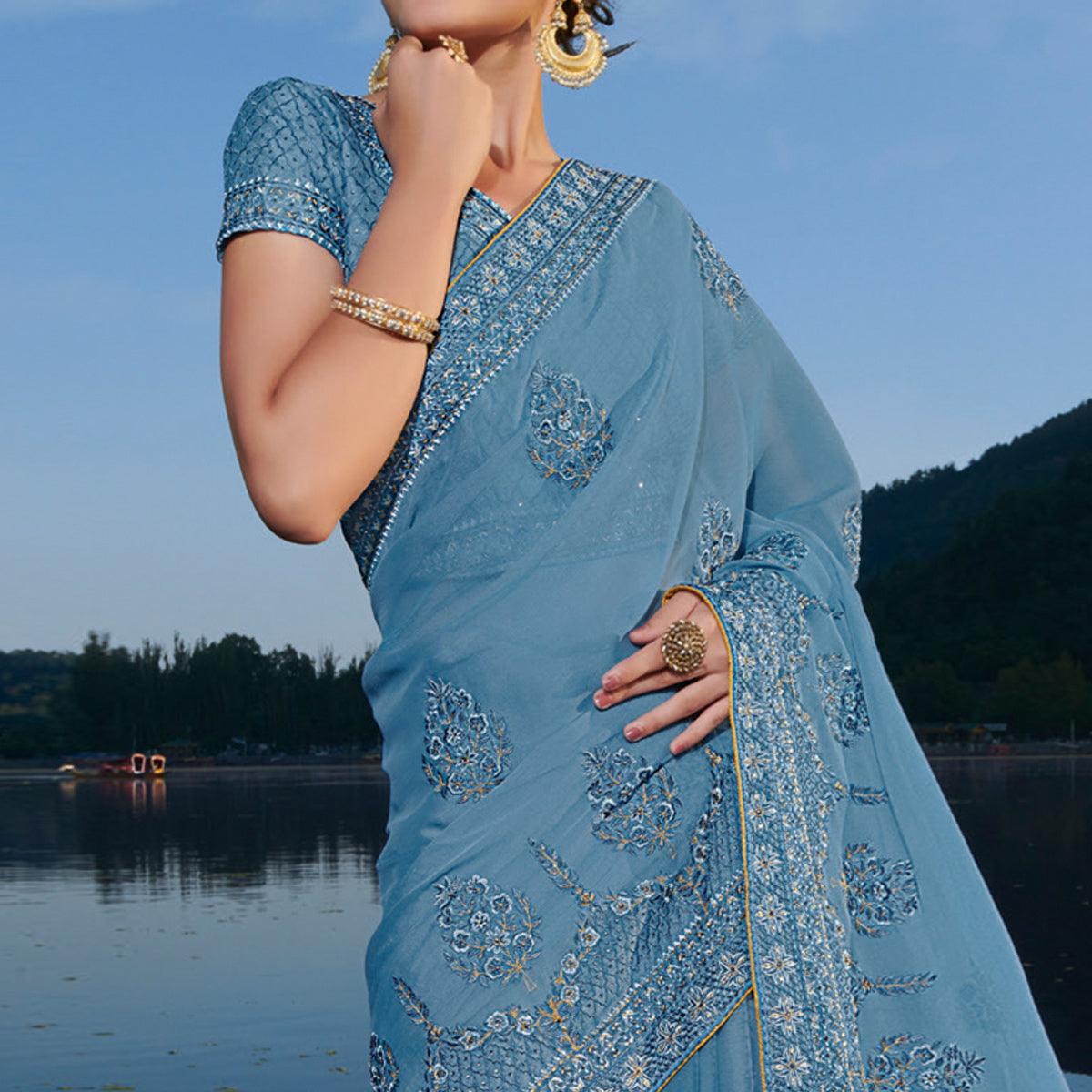 Vintage Blue Partywear Floral Embroidered Chiffon Saree - Peachmode