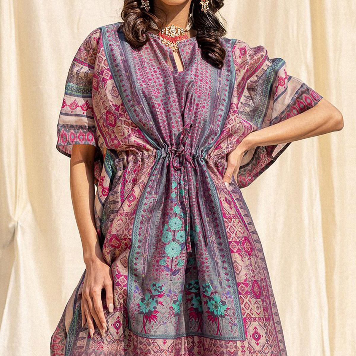 Violet Casual Wear Floral Digtial Printed Silk Kaftan Kurti - Peachmode