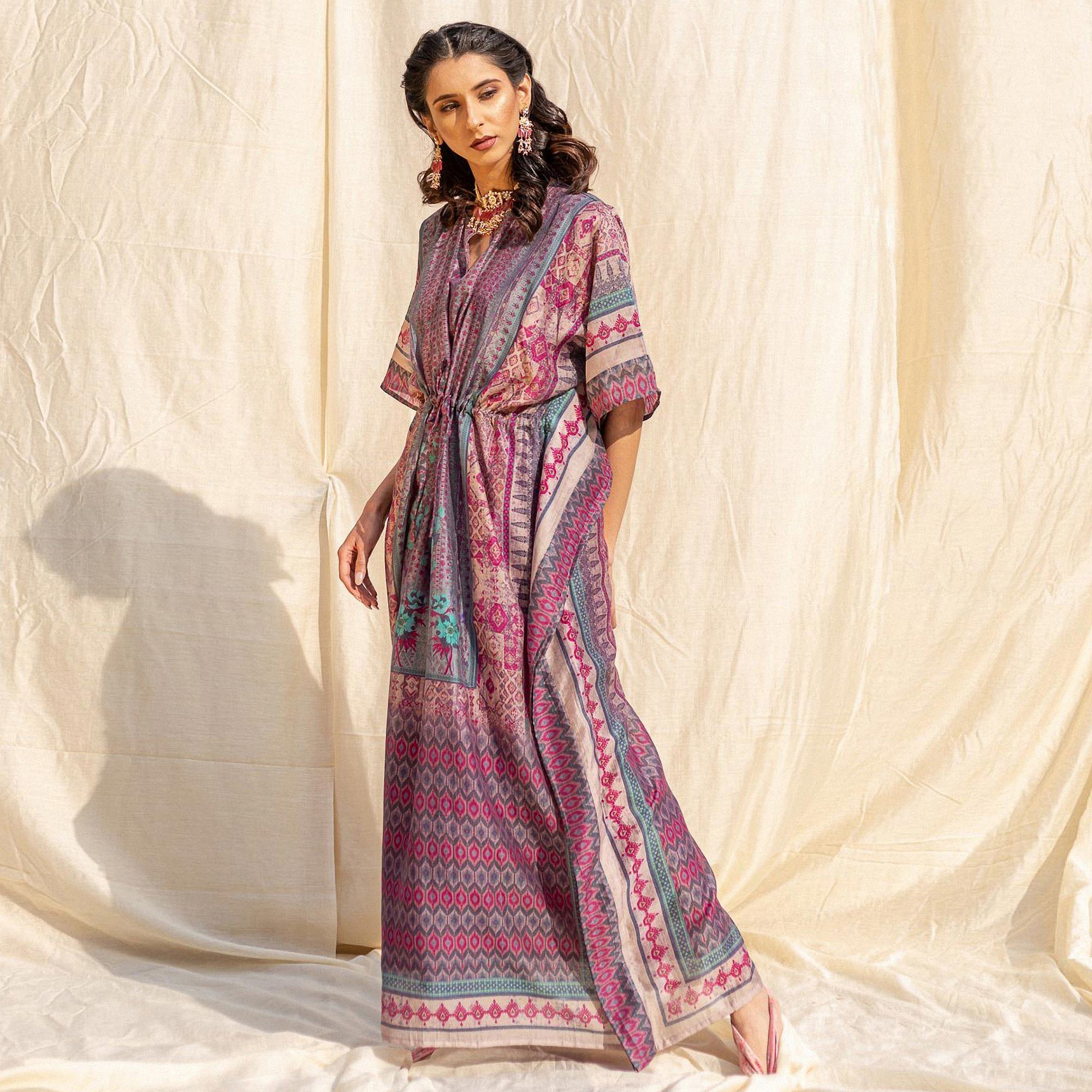 Violet Casual Wear Floral Digtial Printed Silk Kaftan Kurti - Peachmode