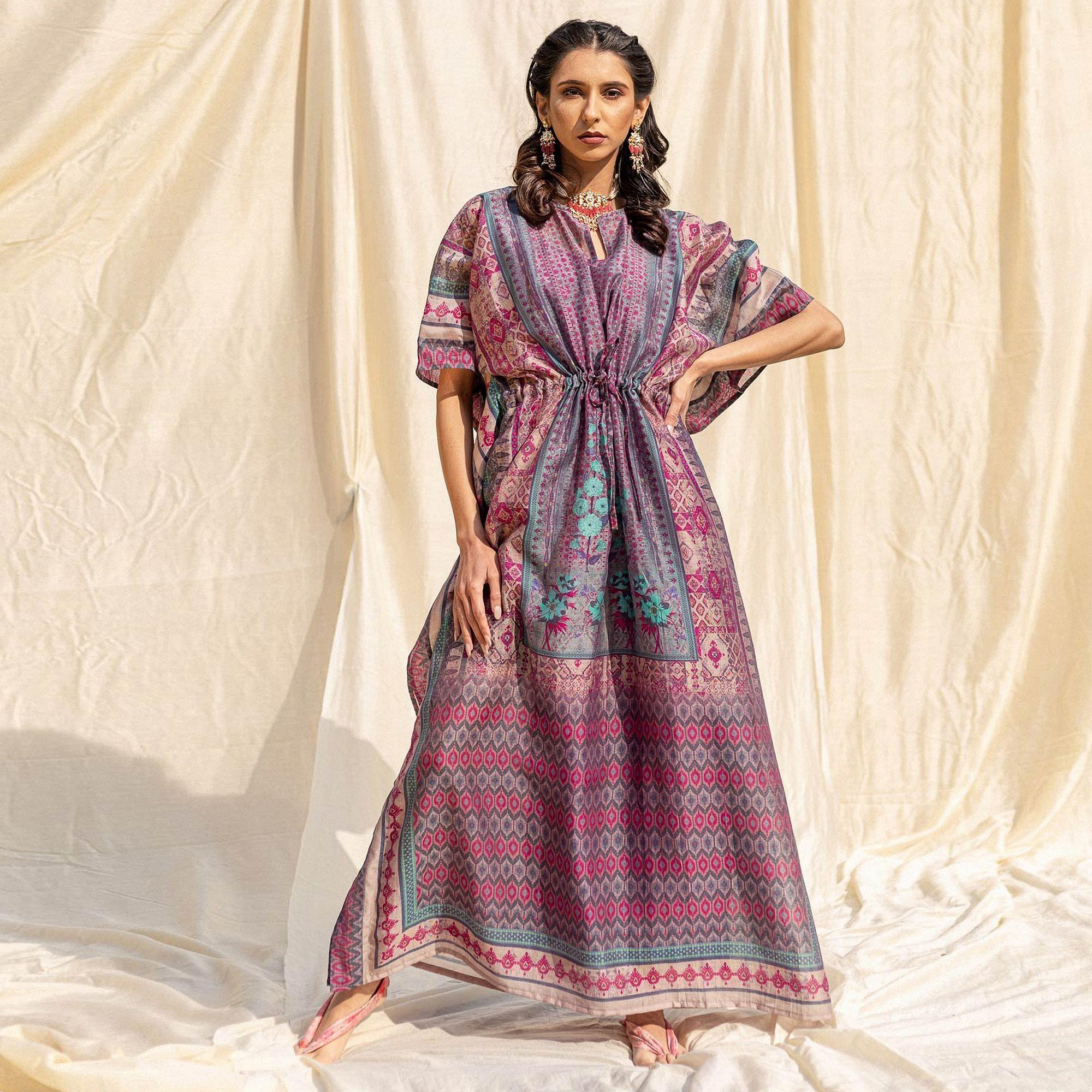 Violet Casual Wear Floral Digtial Printed Silk Kaftan Kurti - Peachmode