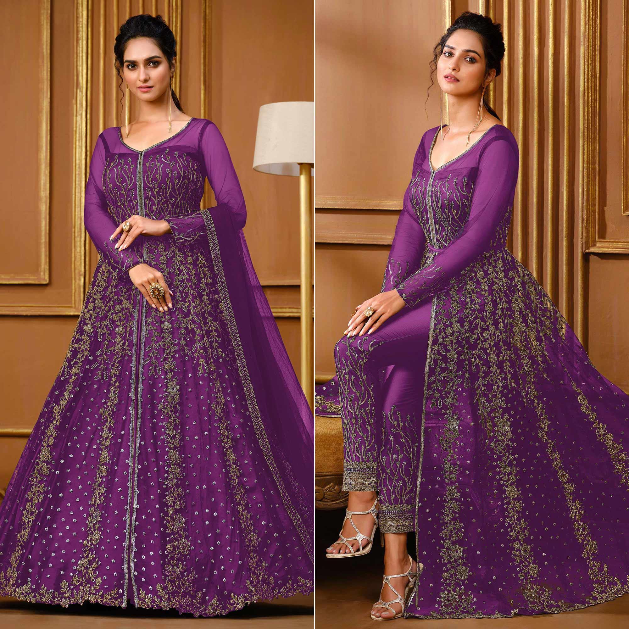 Violet Embroidered Netted Anarkali Style Gown - Peachmode