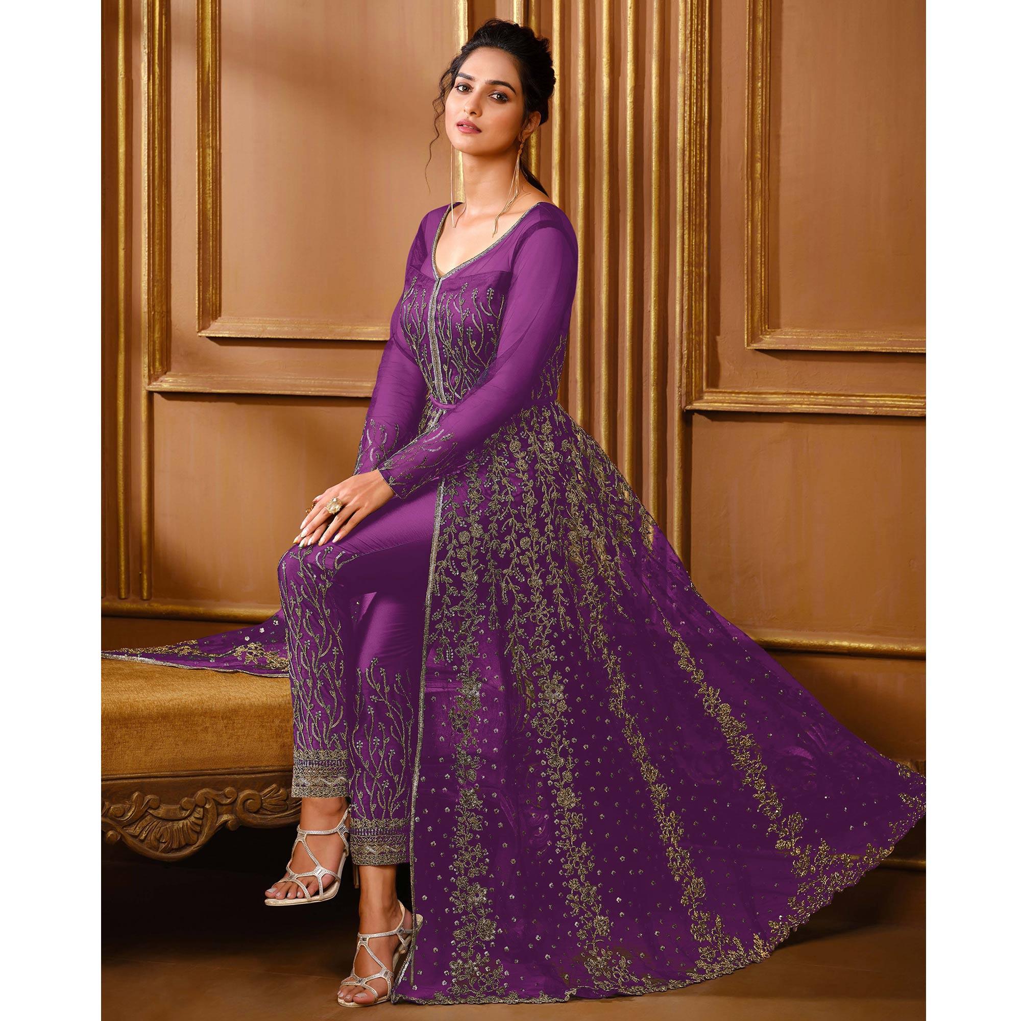 Violet Embroidered Netted Anarkali Style Gown - Peachmode