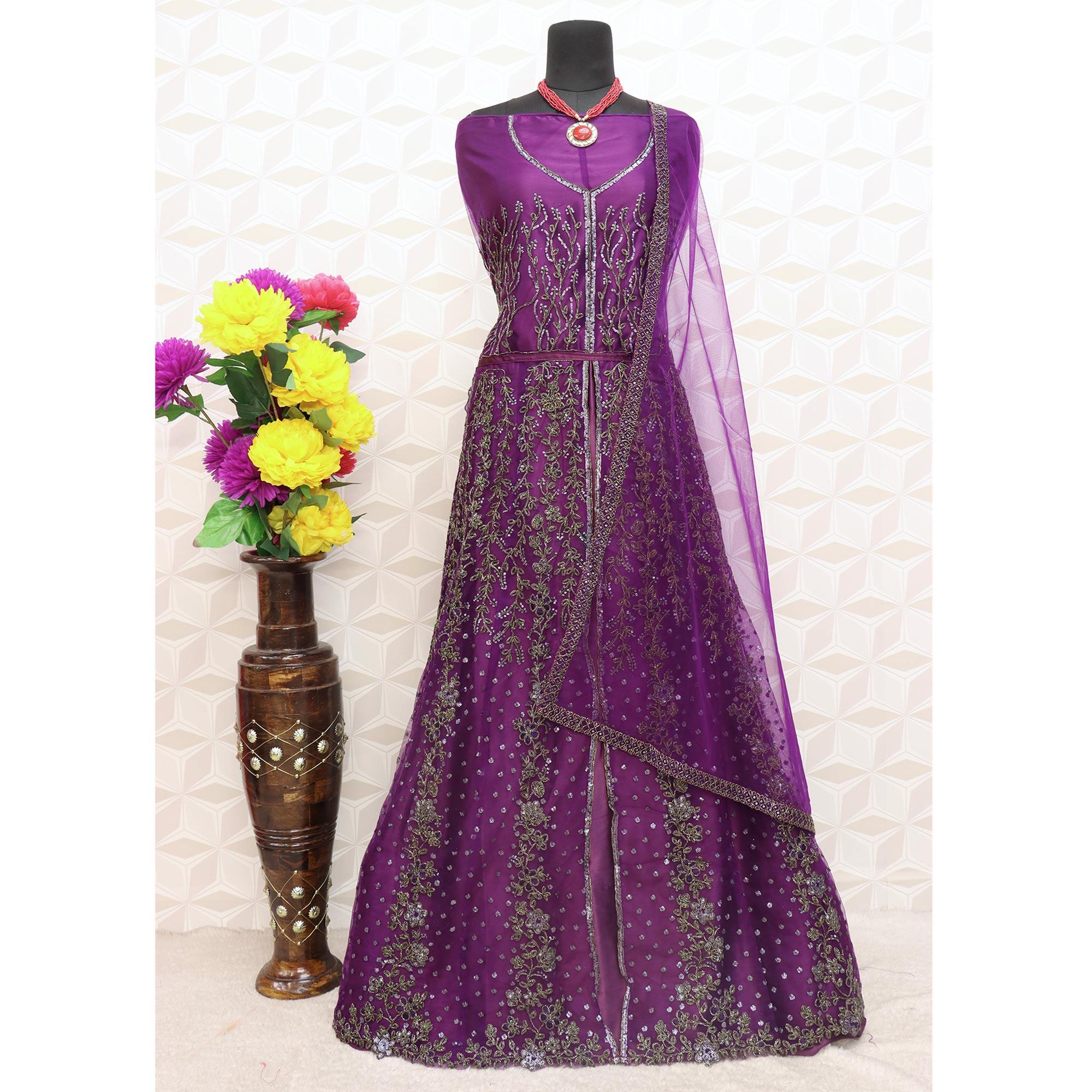 Violet Embroidered Netted Anarkali Style Gown - Peachmode