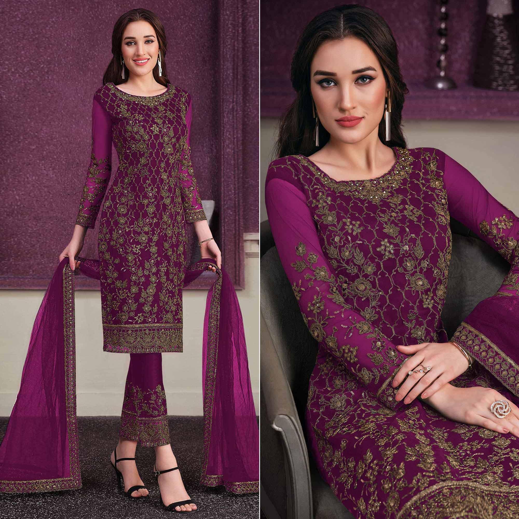 Violet Embroidered Netted Suit - Peachmode