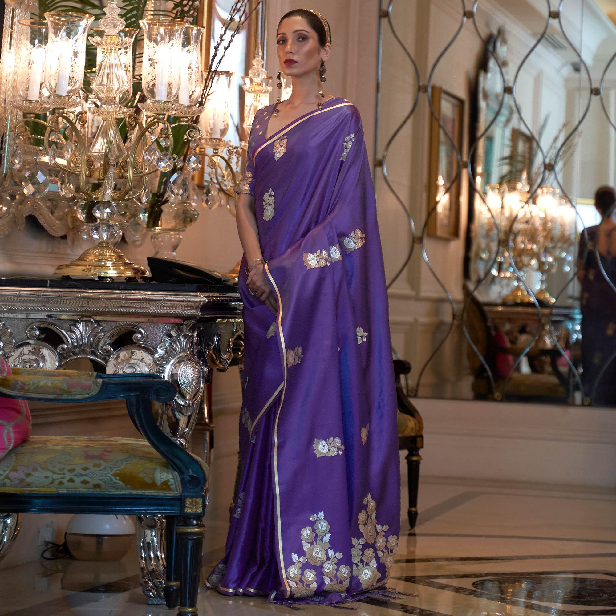 Violet Festive Wear Floral Designer Woven Pure Satin Silk Saree - Peachmode