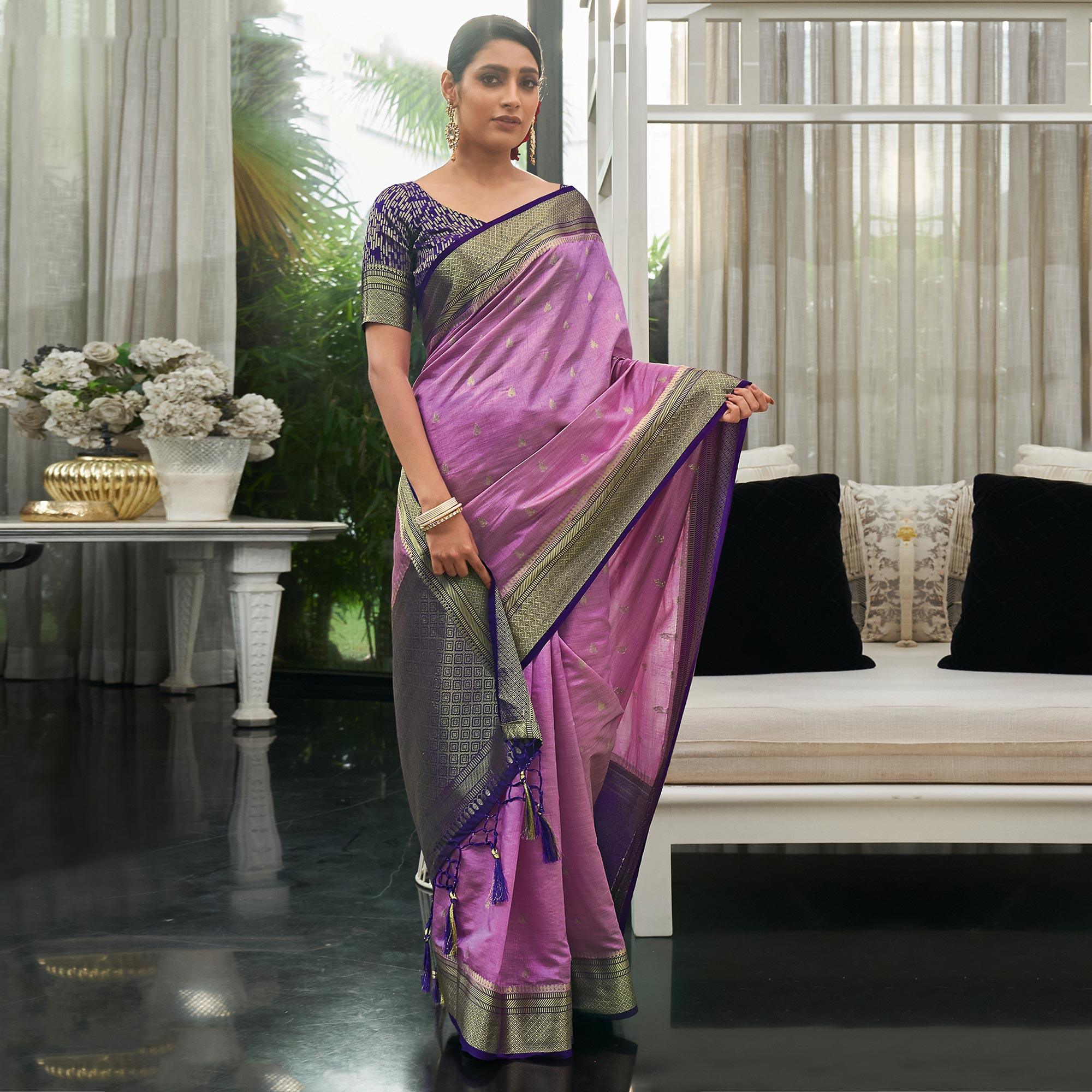 Violet Festive Wear Woven Silk Saree - Peachmode