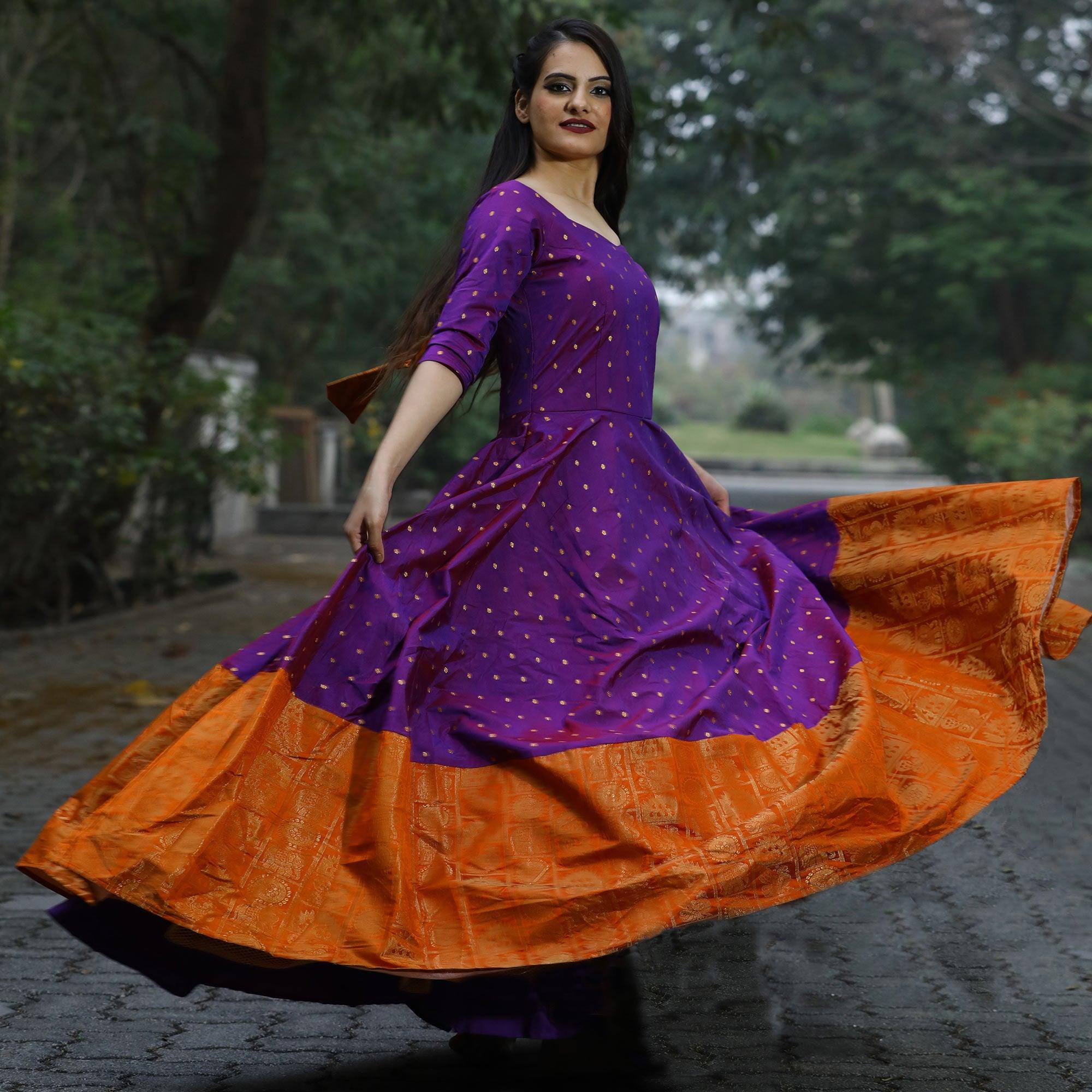 Violet Festive Wear Woven Tapetta Silk Gown - Peachmode