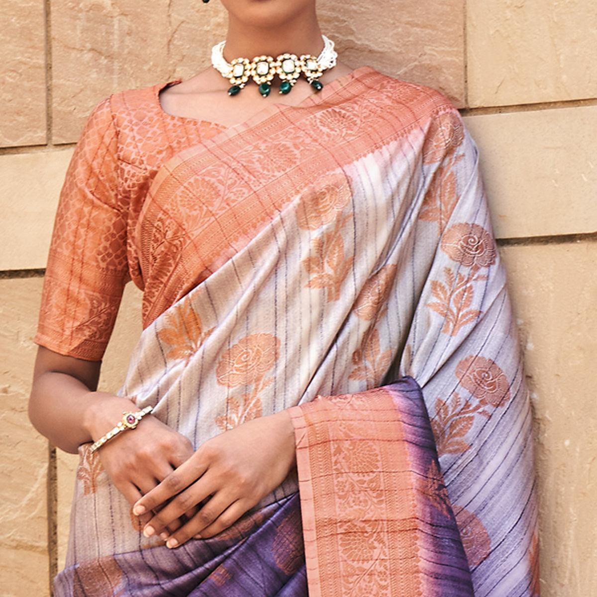 Violet Floral Woven Art Silk Saree - Peachmode