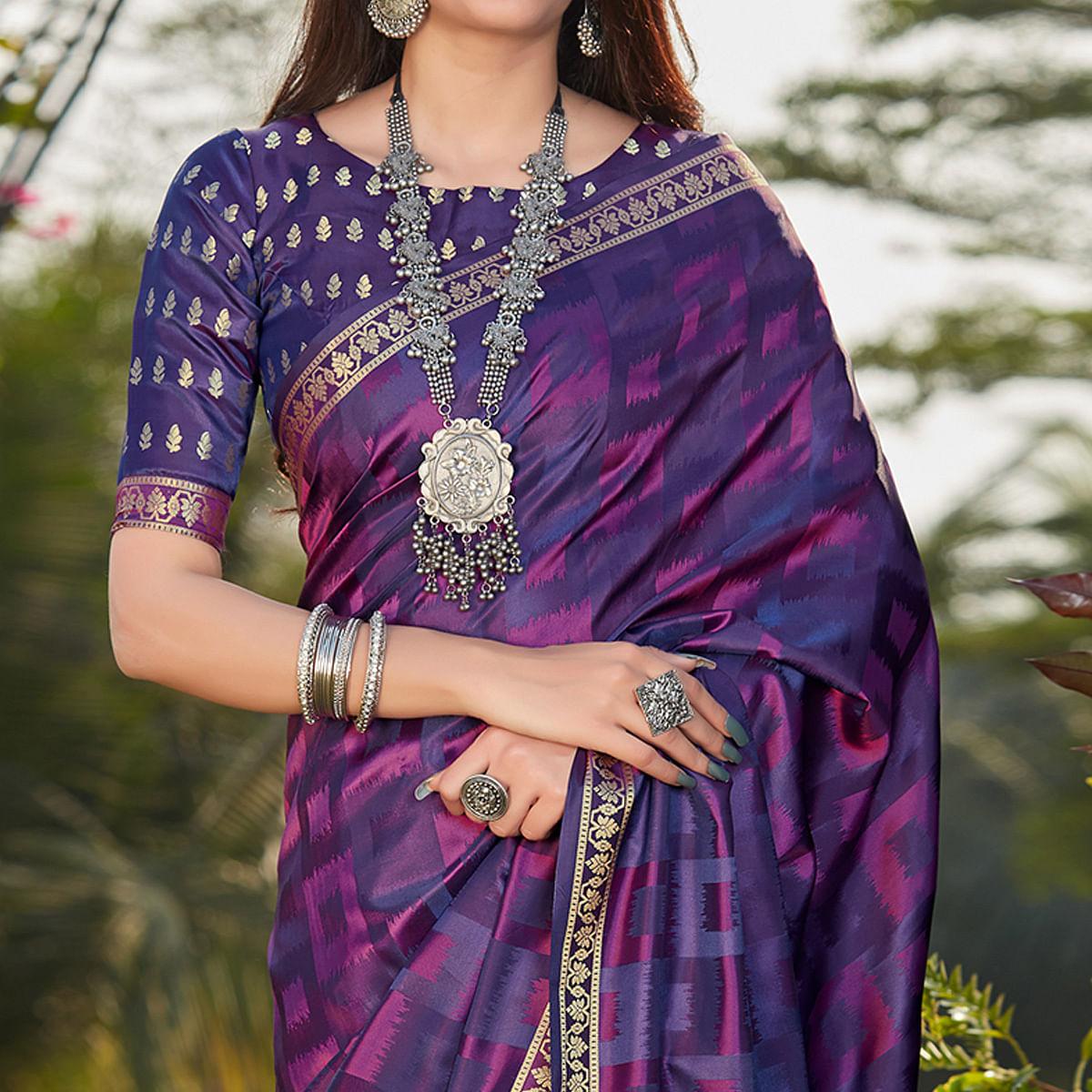Violet Printed Satin Saree - Peachmode