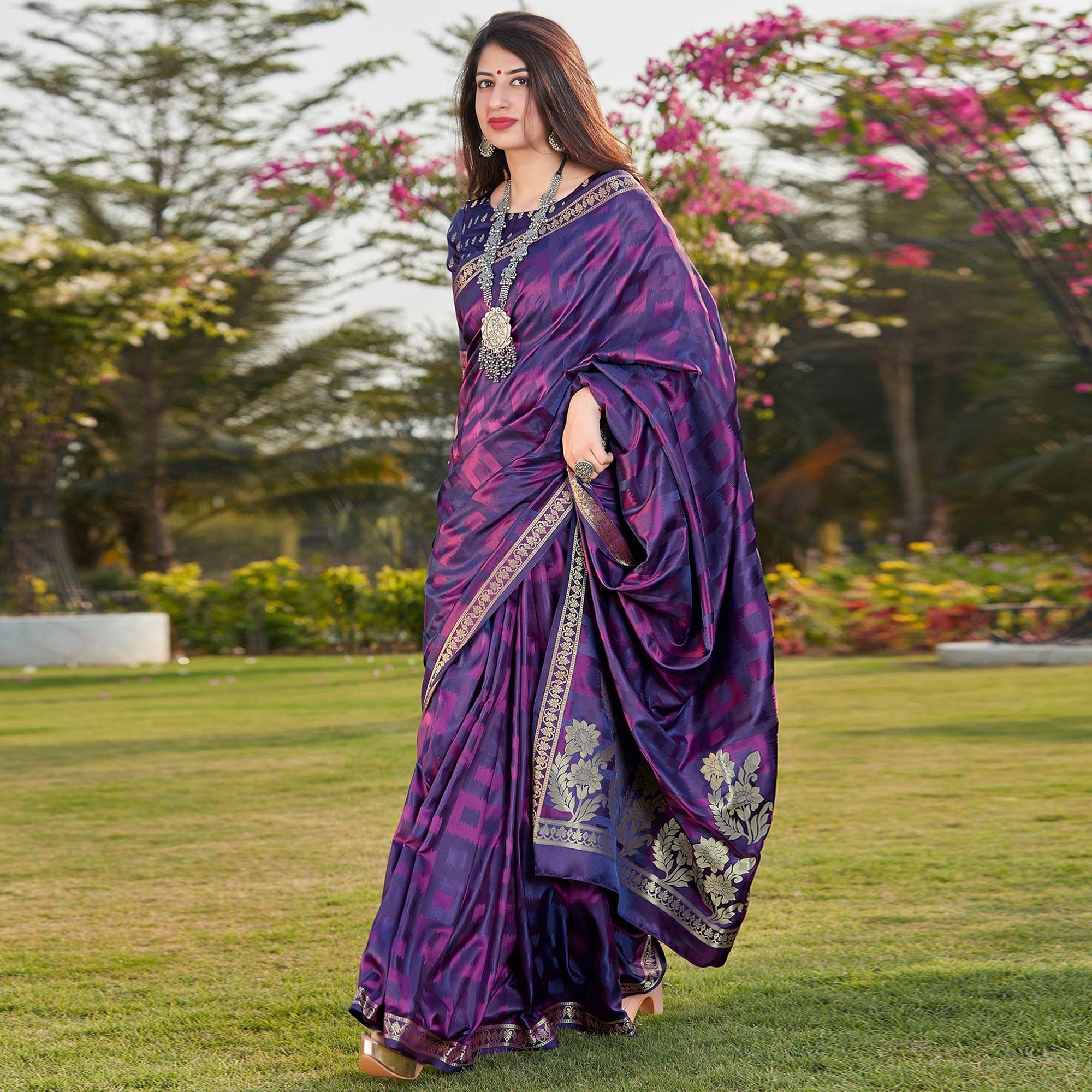 Violet Printed Satin Saree - Peachmode