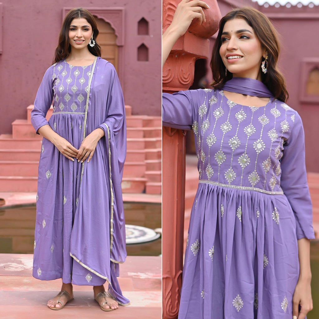 Floral Printed  Muslin Gown with  Embroidered Neckline main image 1