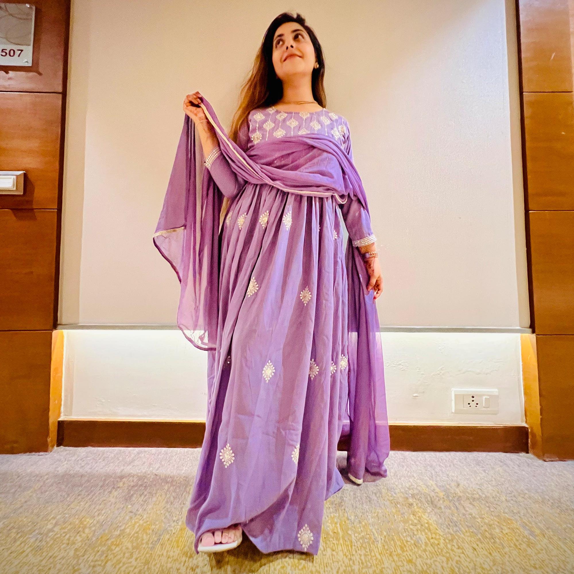 Violet Sequence Embroidered Muslin Gown - Peachmode