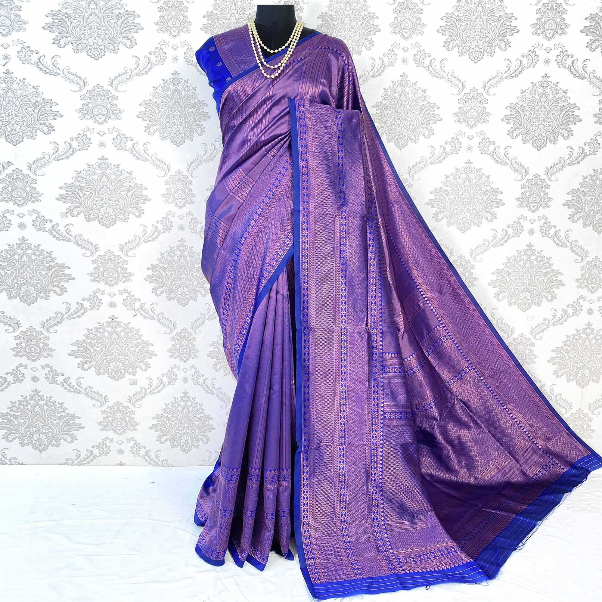 Violet Woven Banarasi Silk Saree - Peachmode
