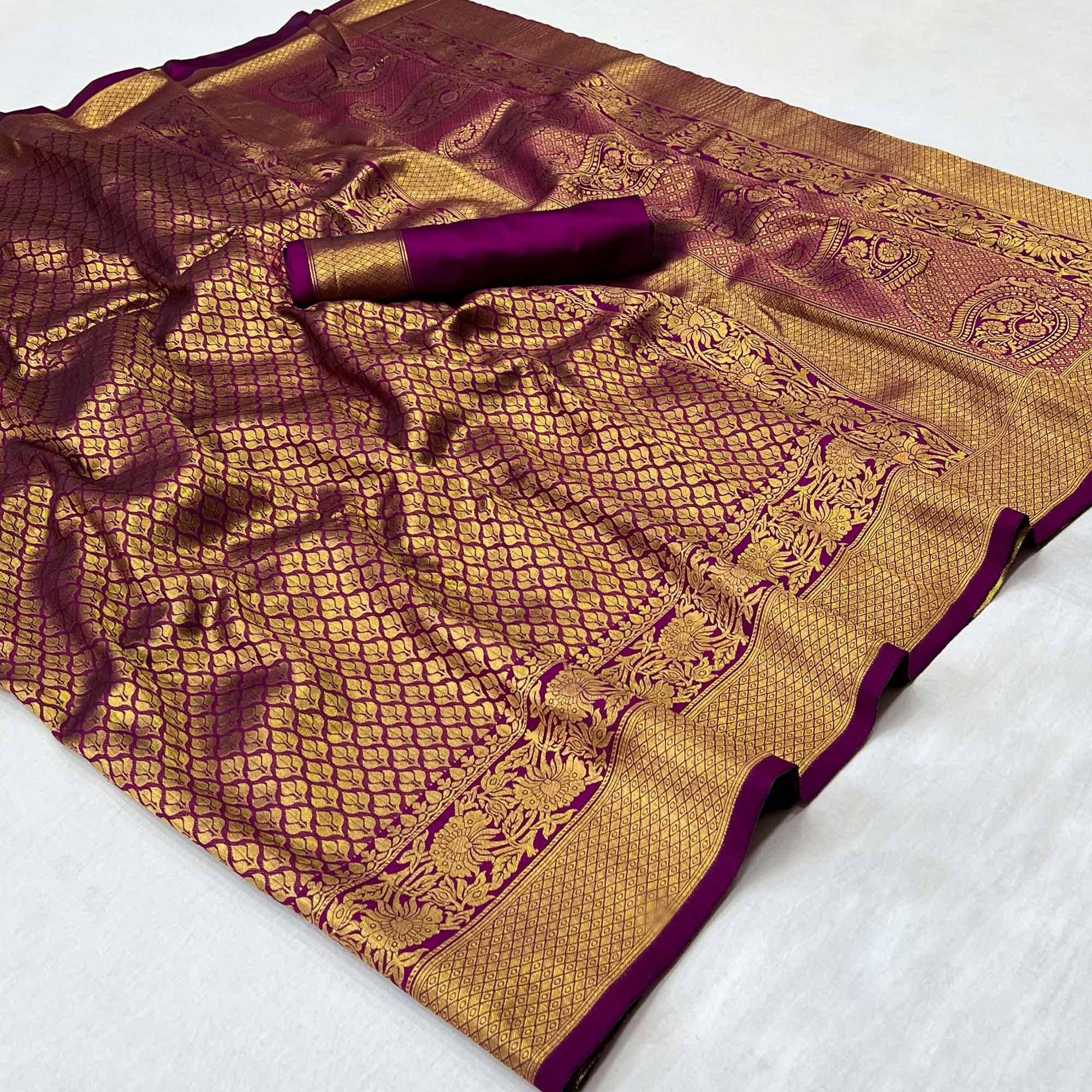 Violet Woven Jacquard Saree - Peachmode