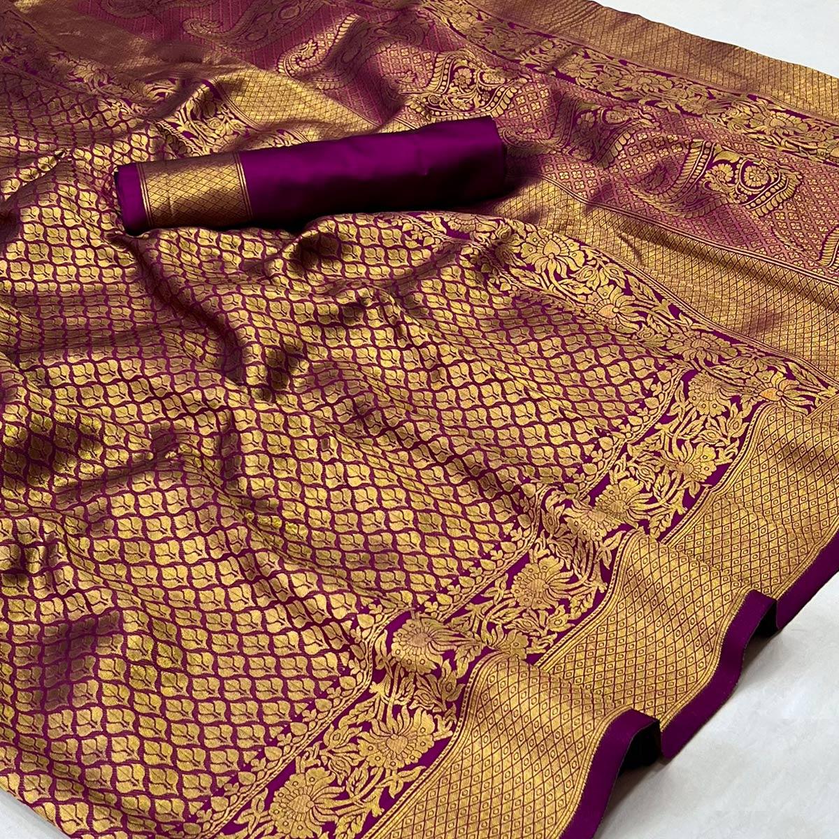 Violet Woven Jacquard Saree - Peachmode