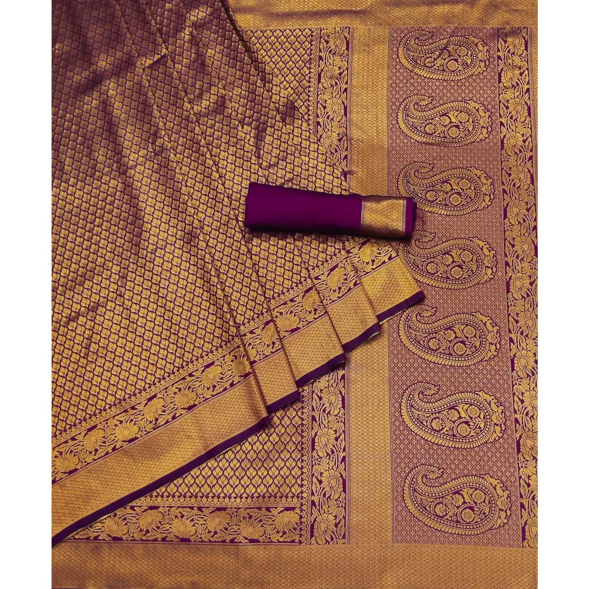 Violet Woven Jacquard Saree - Peachmode