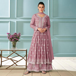 Voilet Partywear Embroidered Rayon Kurti - Palazzo Set With Dupatta - Peachmode