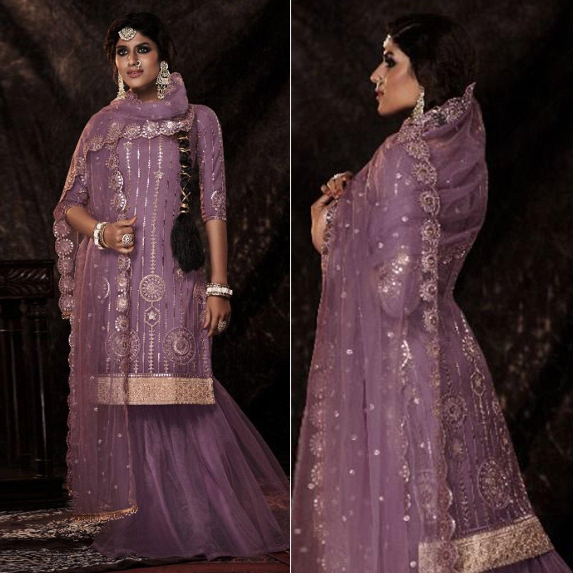 Voilet Sequence Embroidered Netted Palazzo Suit - Peachmode