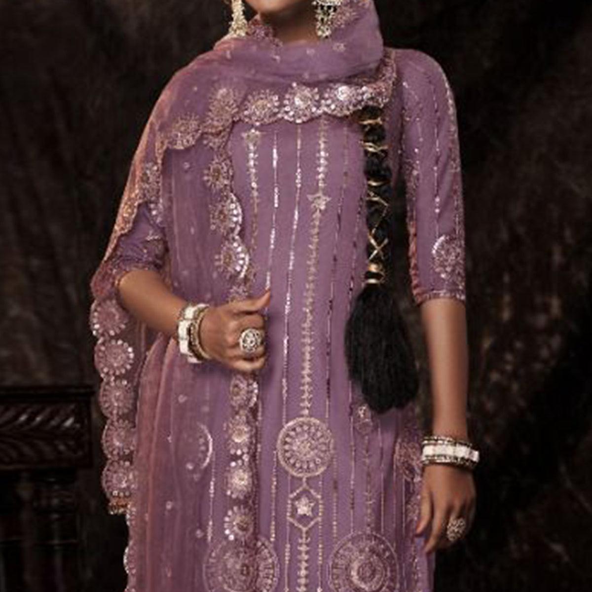 Voilet Sequence Embroidered Netted Palazzo Suit - Peachmode