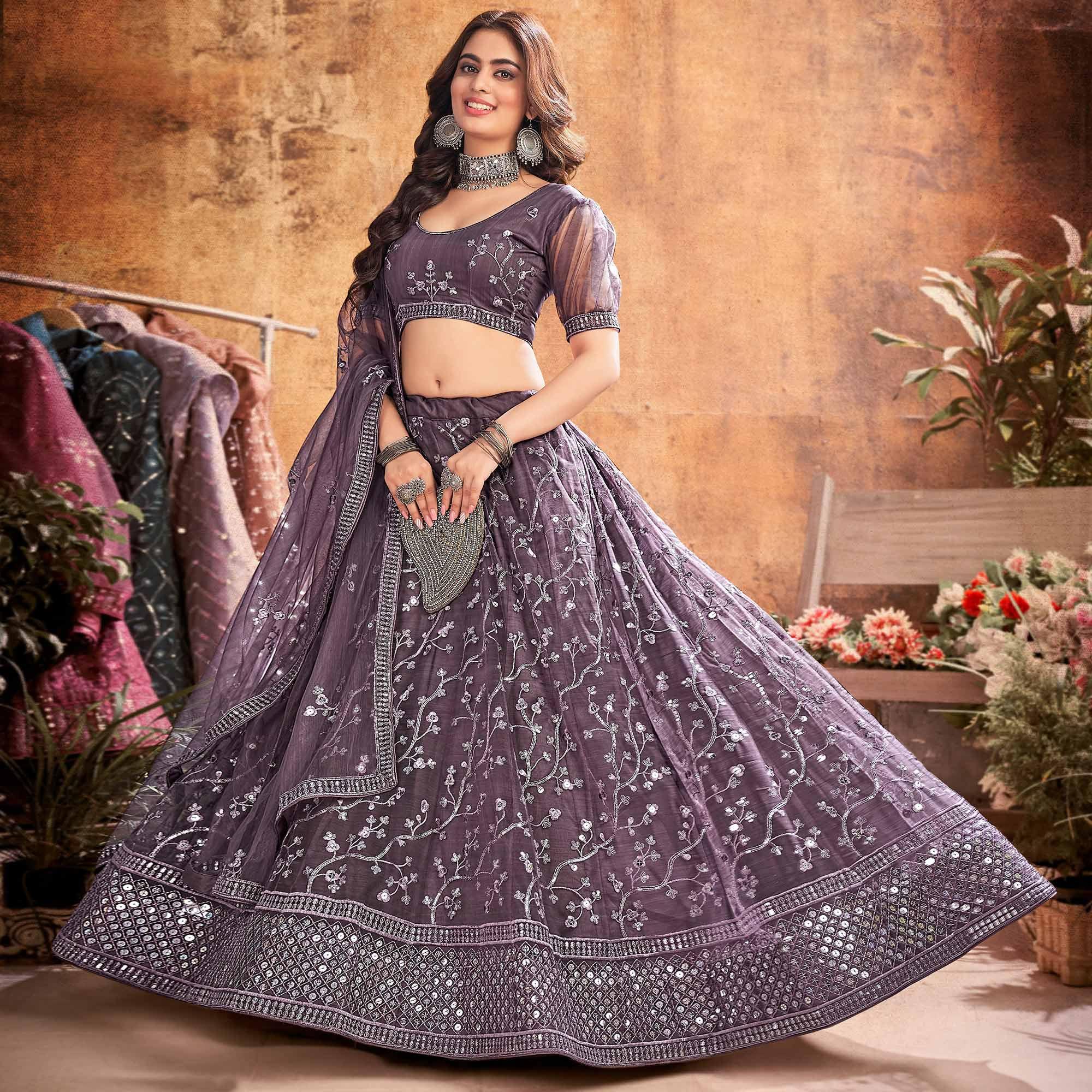 Warm Grey Partywear Thread Sequence Soft Net Lehenga Choli - Peachmode