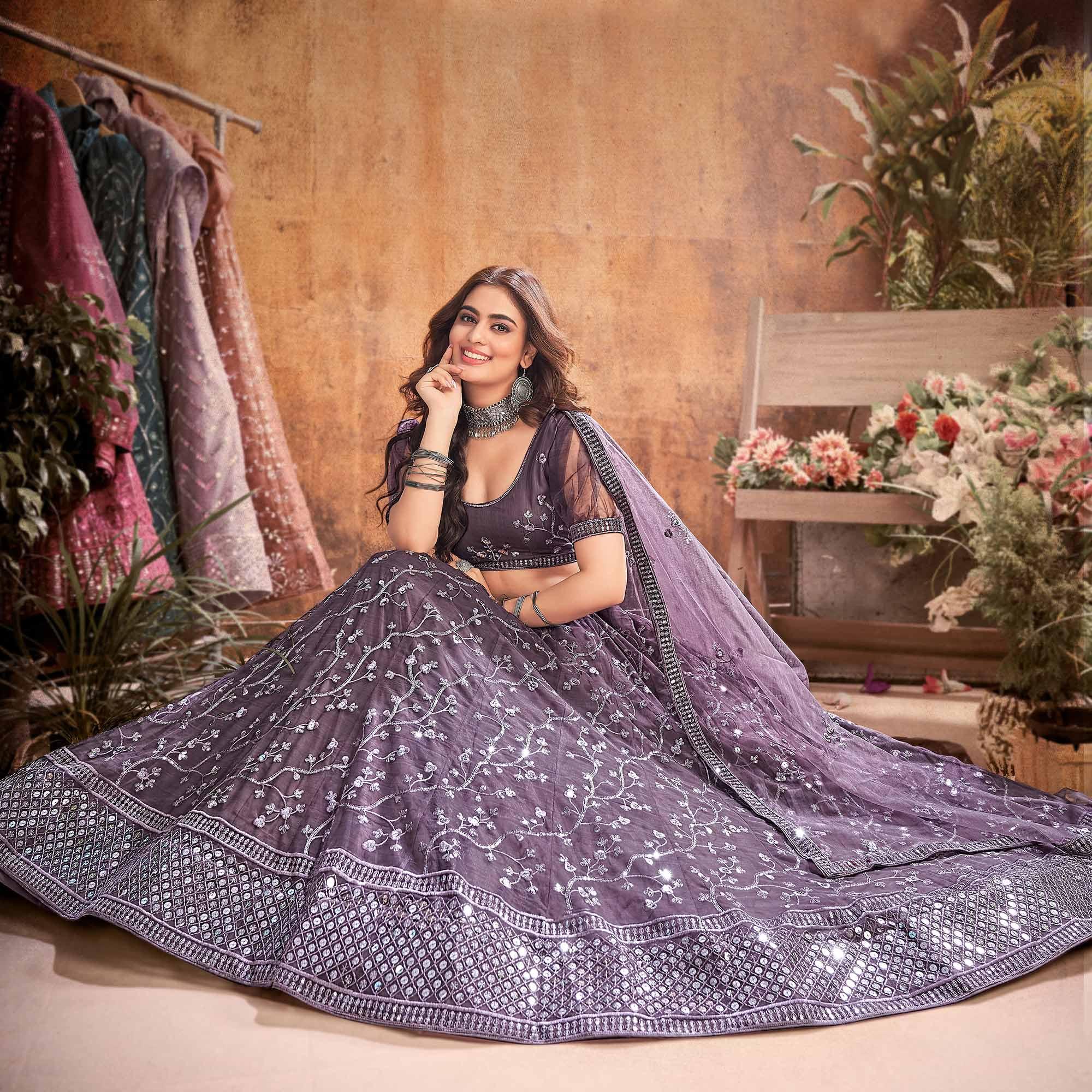 Warm Grey Partywear Thread Sequence Soft Net Lehenga Choli - Peachmode