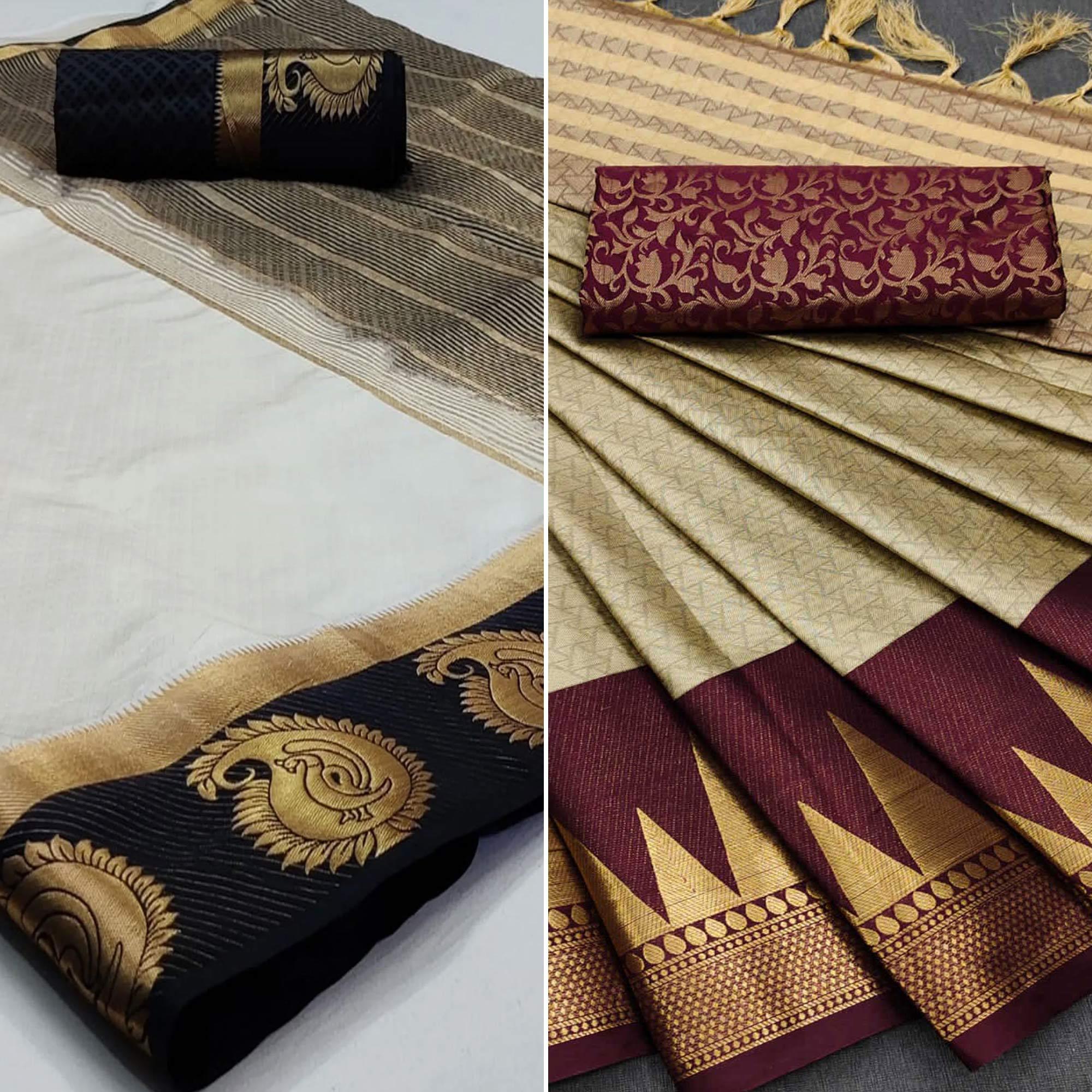 White And Chikoo Saree - Pack Of 2 - Peachmode