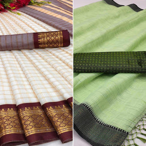 White And Mehendi Green Saree - Pack Of 2 - Peachmode